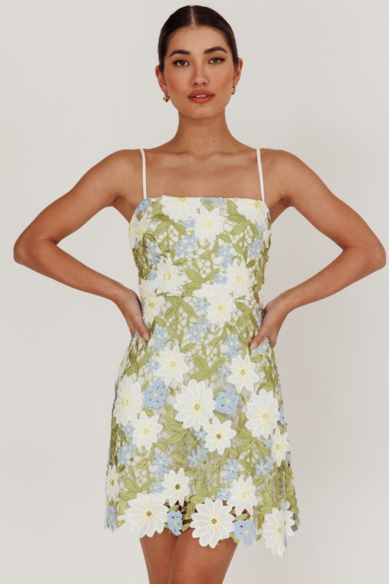 white, green and blue floral embroidered sleeveless mini dress with adjustable straps