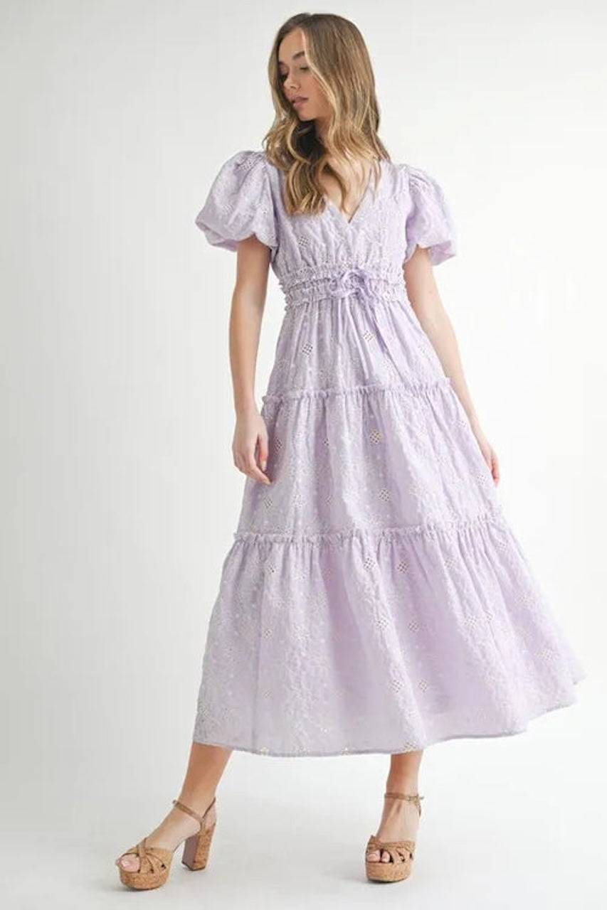 Lavender Eyelet Lace Puff Sleeve Midi Dress