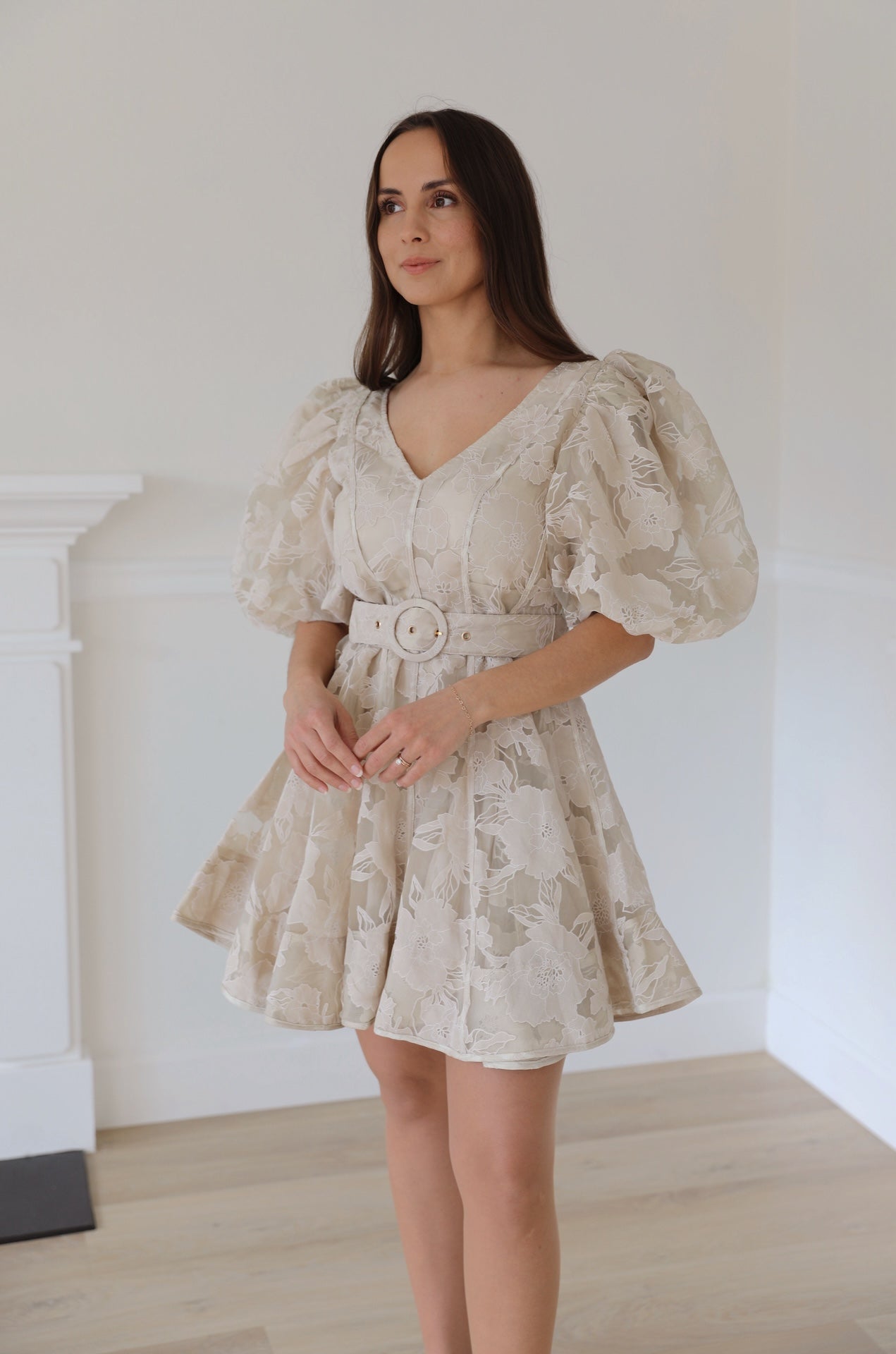 beige organza flowy floral puff sleeve mini dress with statement puffy sleeves and belted.