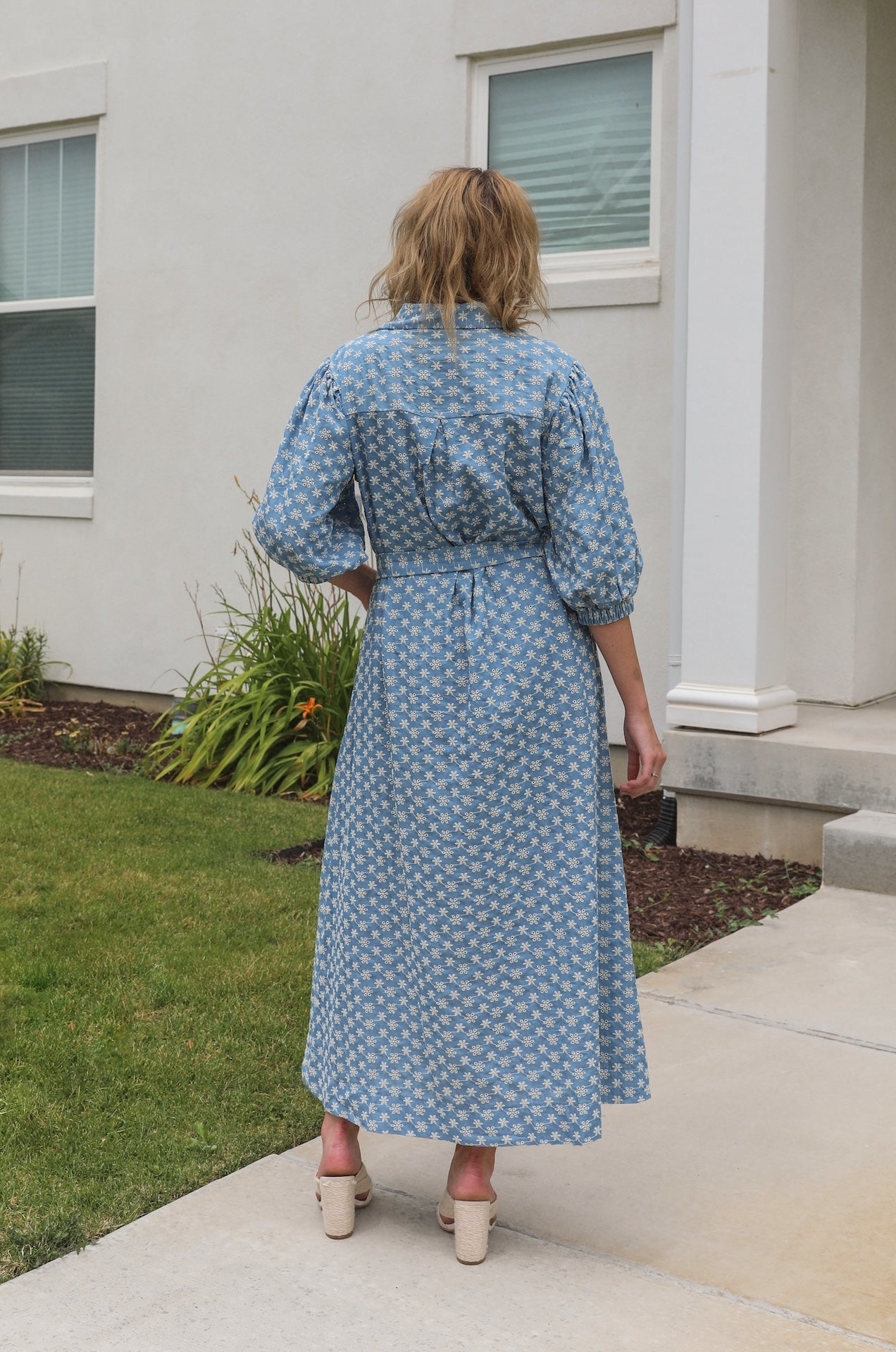 denim blue floral embroidered button down midi dress