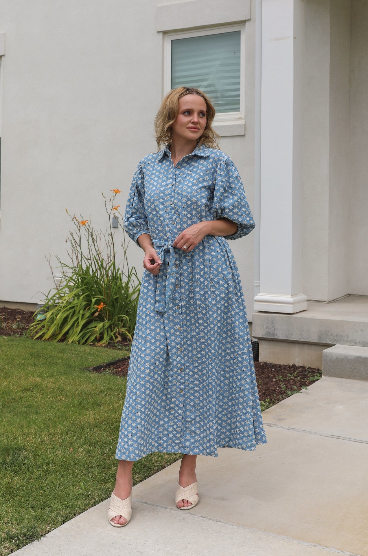 denim blue floral embroidered button down midi dress