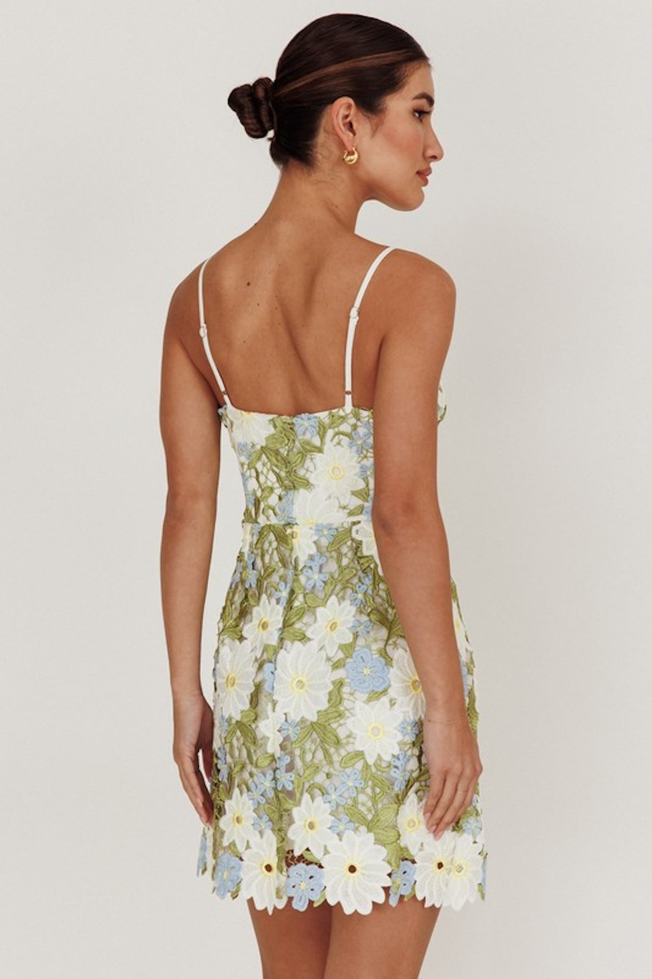 white, green and blue floral embroidered sleeveless mini dress with adjustable straps