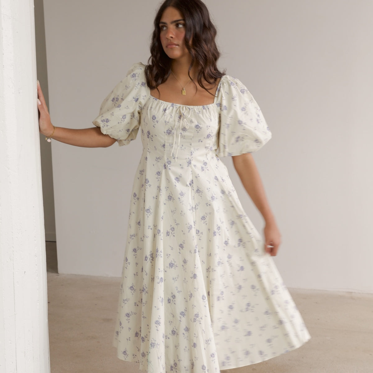 puff sleeve square neck midi dress White Short Puff Sleeve Square Neck Tie Waist Midi Dress