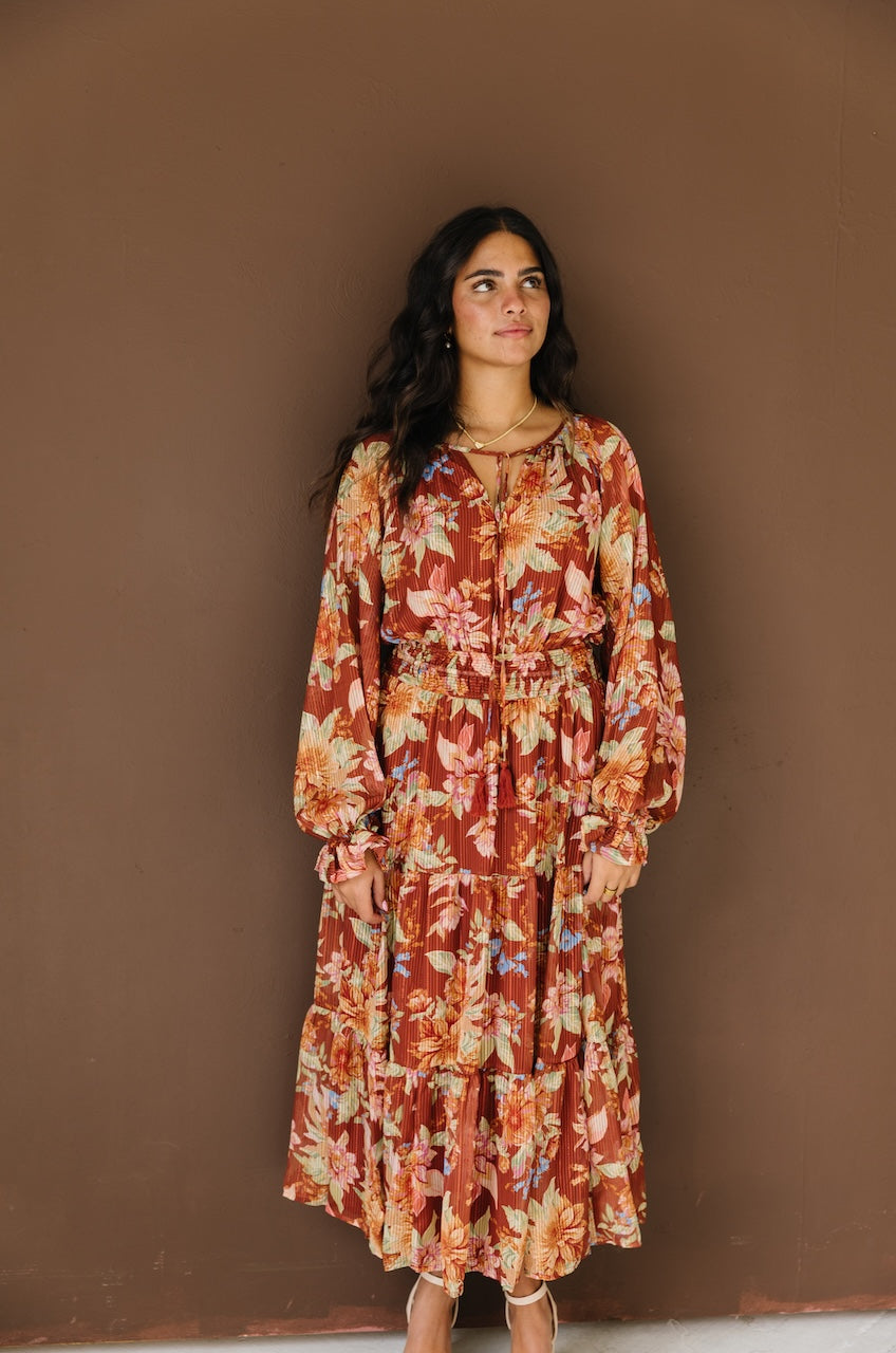 Brown Floral Long Sleeve Midi Dress