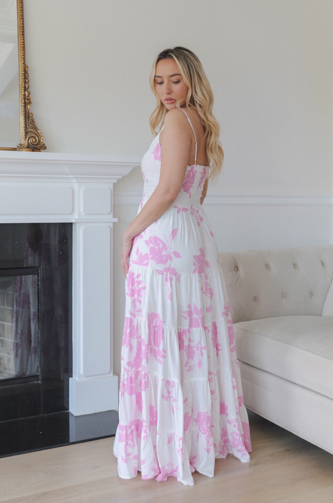 pink and white tiered maxi dress