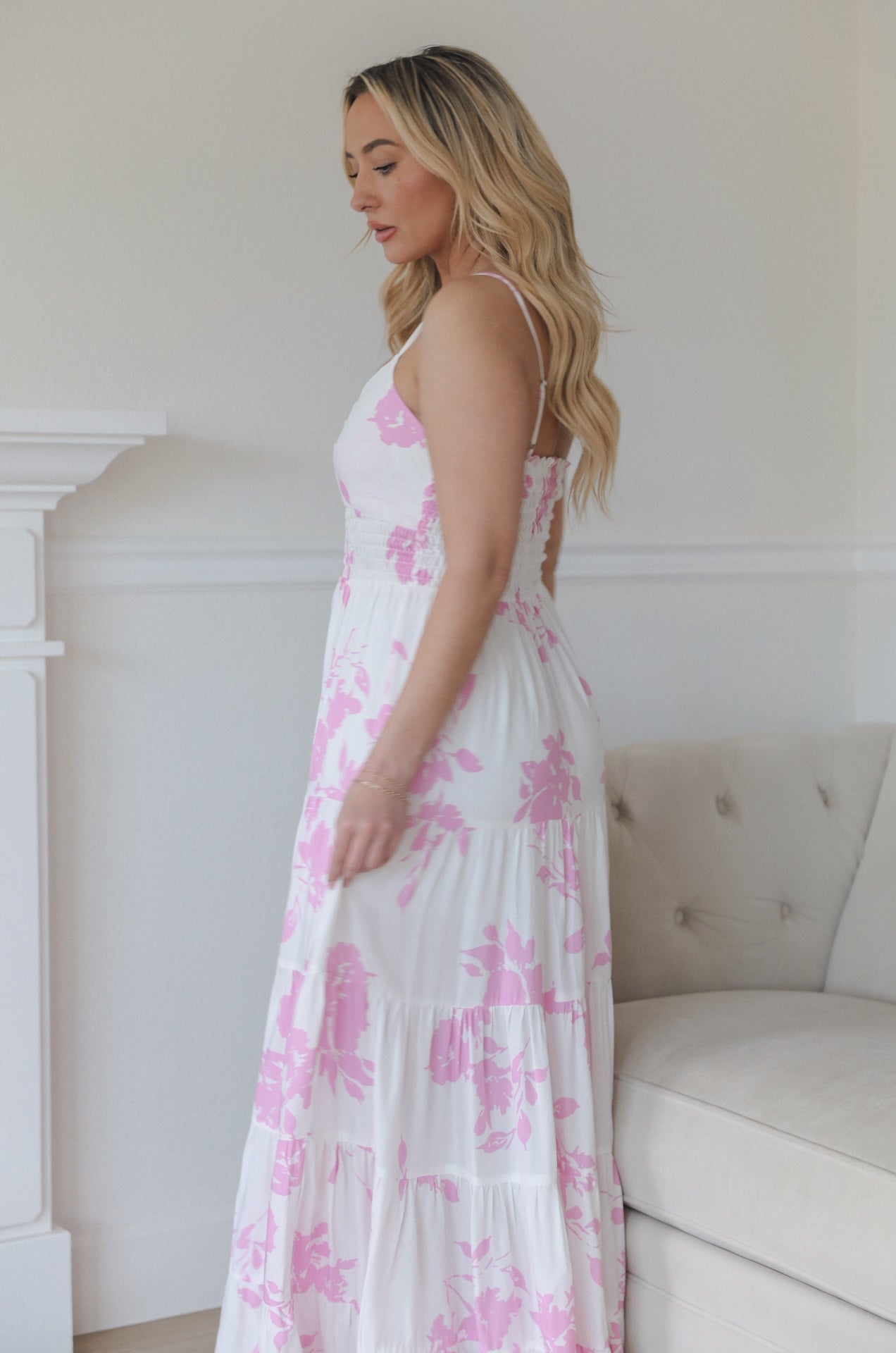 pink and white tiered maxi dress