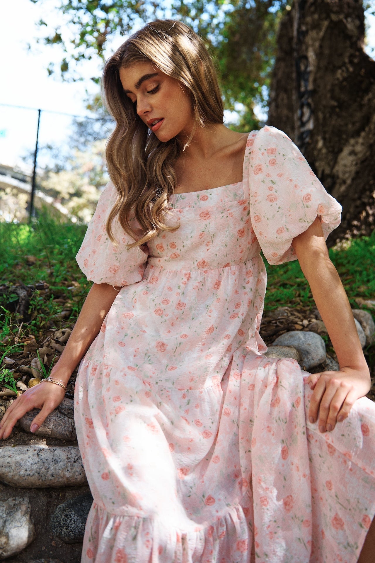 Blush Rose Puff Sleeve Midi Dress