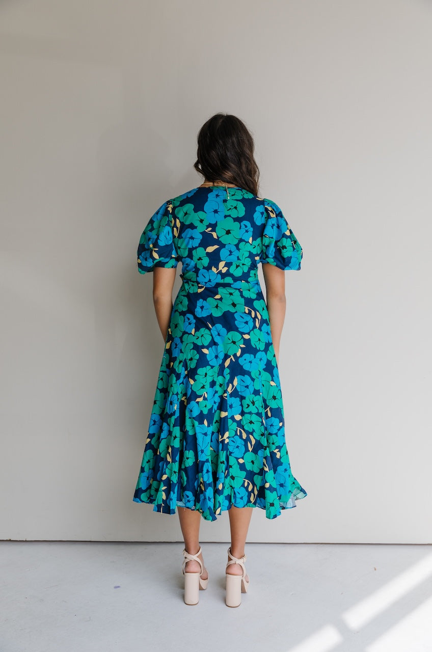 Blue Floral Cotton Midi Wrap Dress With Puff Sleeves