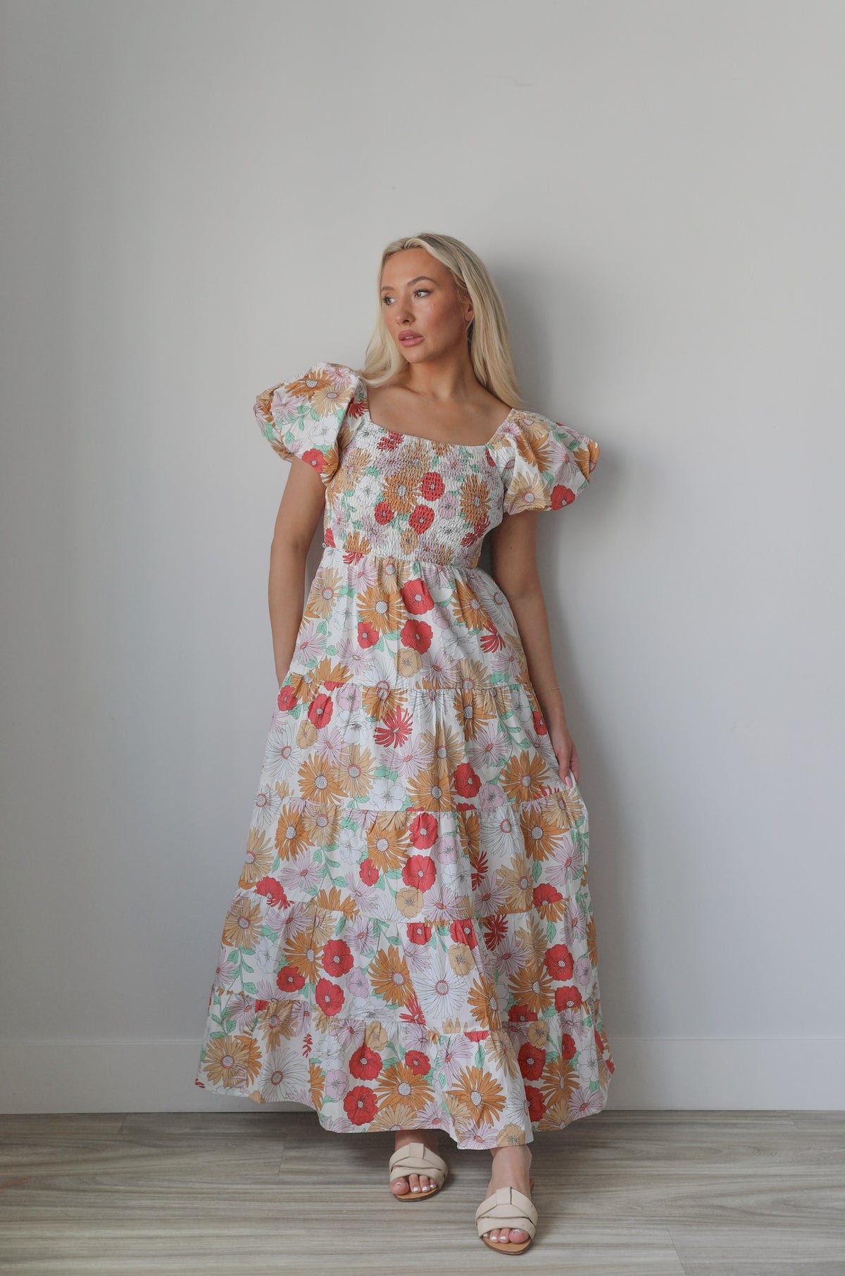 Floral Print Puff Sleeve Maxi Dress