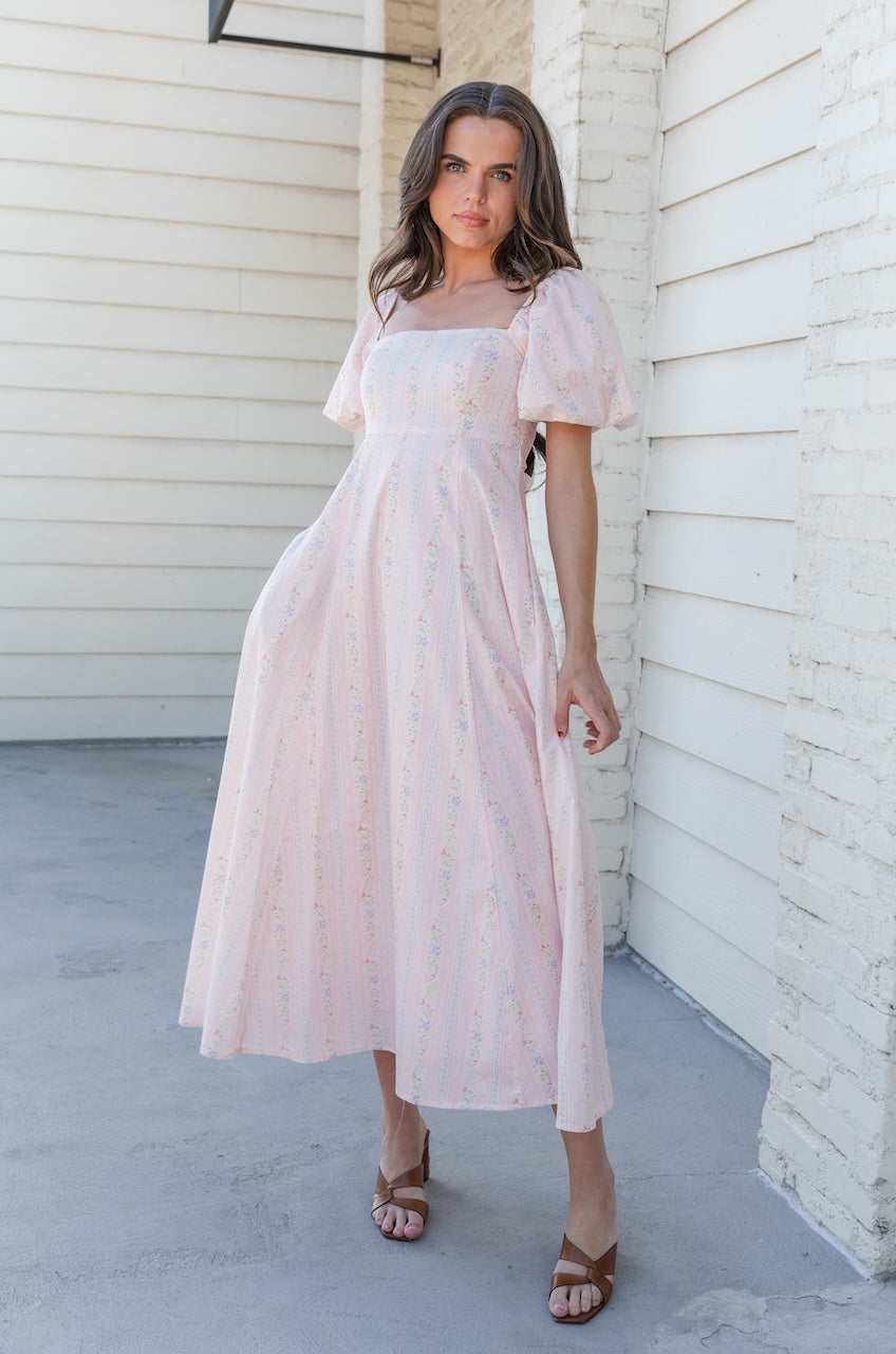 Pink Floral Cotton Puff Sleeve Midi Dress