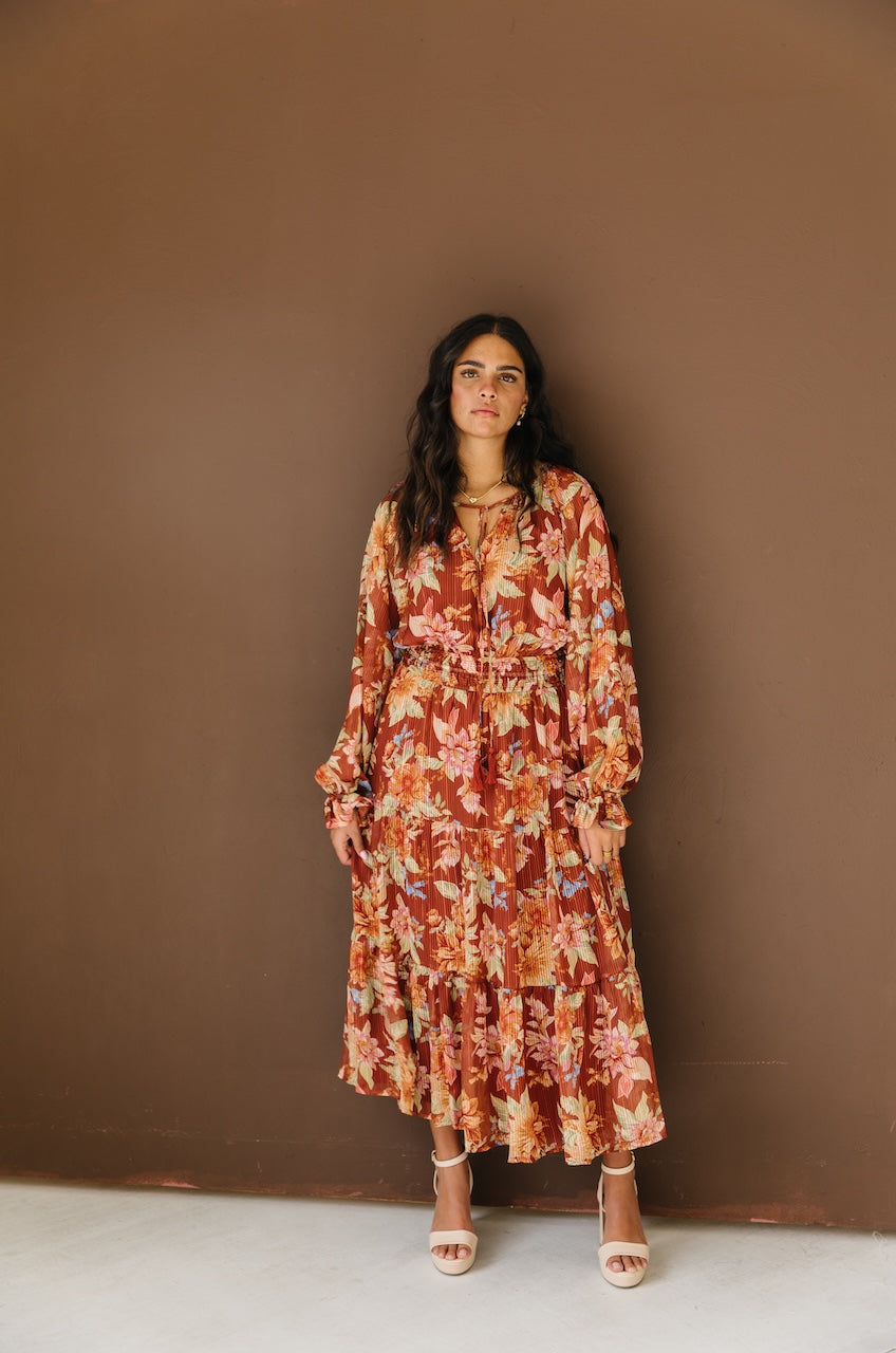 Brown Floral Long Sleeve Midi Dress