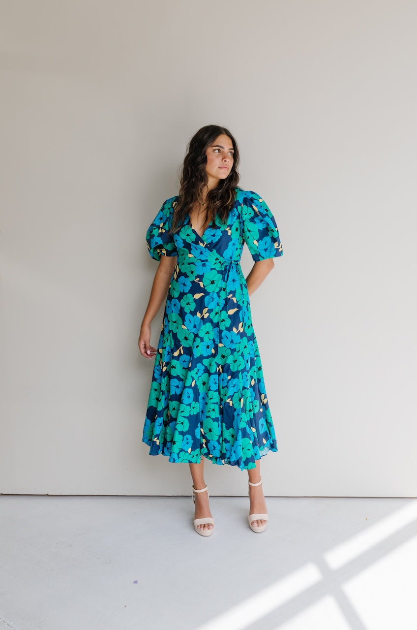 Blue Floral Cotton Midi Wrap Dress With Puff Sleeves