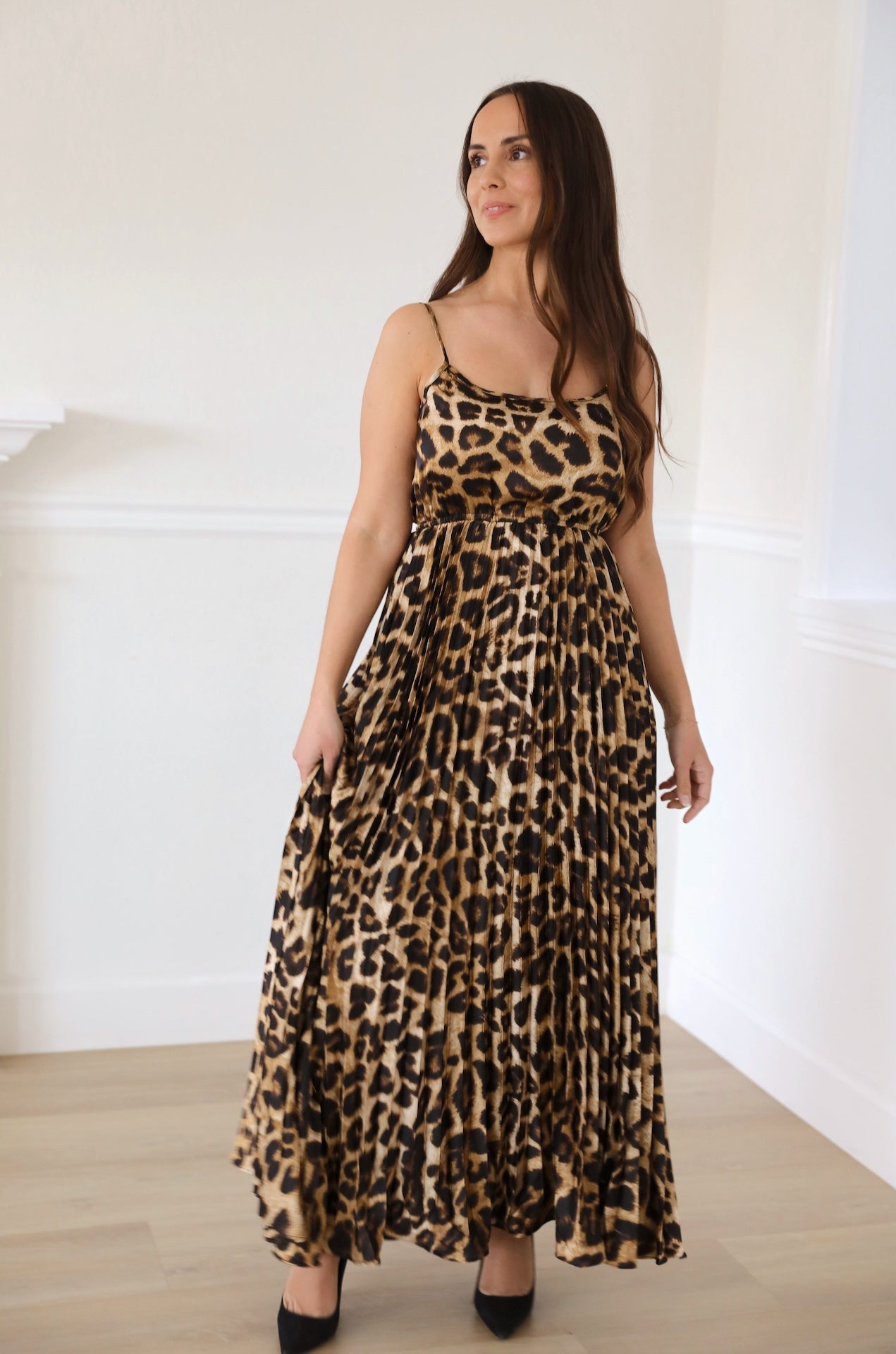 leopard print pleated maxi dress