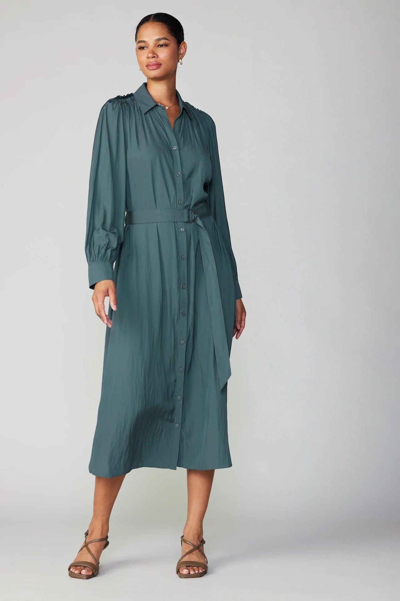 forest green midi long sleeve dress with a belt and button down style