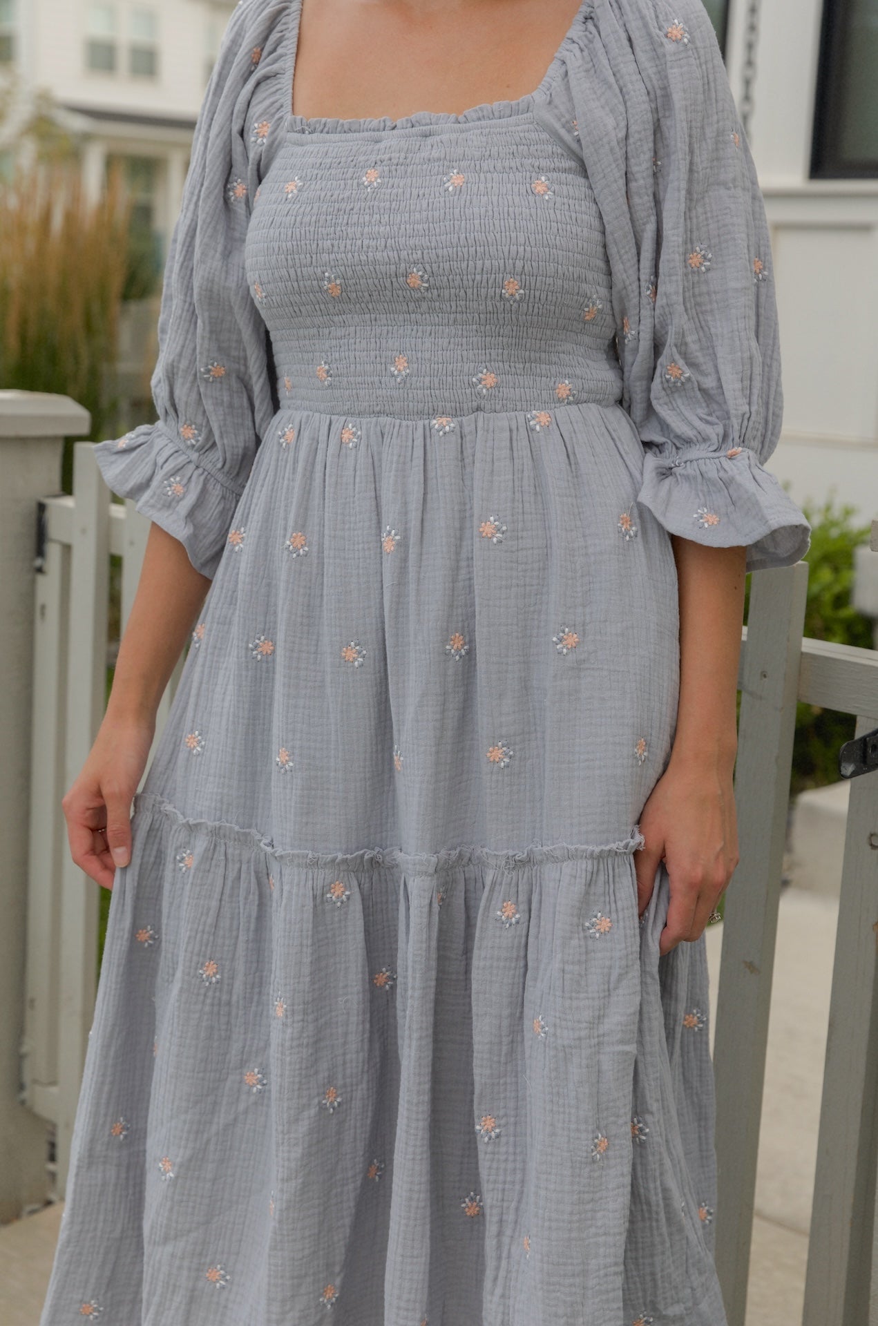 Darla Embroidered Steele Blue Puff Sleeve Dress