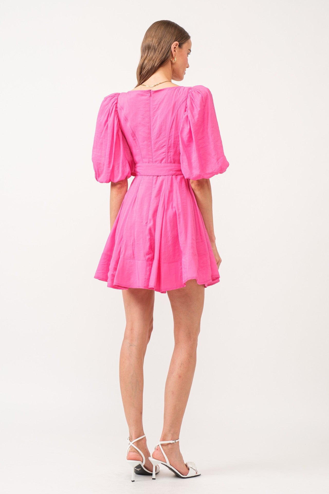 pink puff sleeve poplin babydoll mini dress with a belt