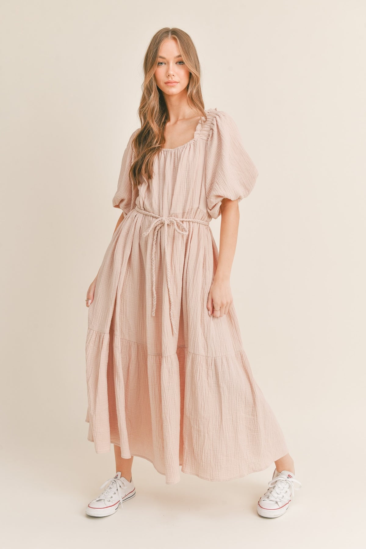 Mauve Cotton Gauze Tiered Midi Dress