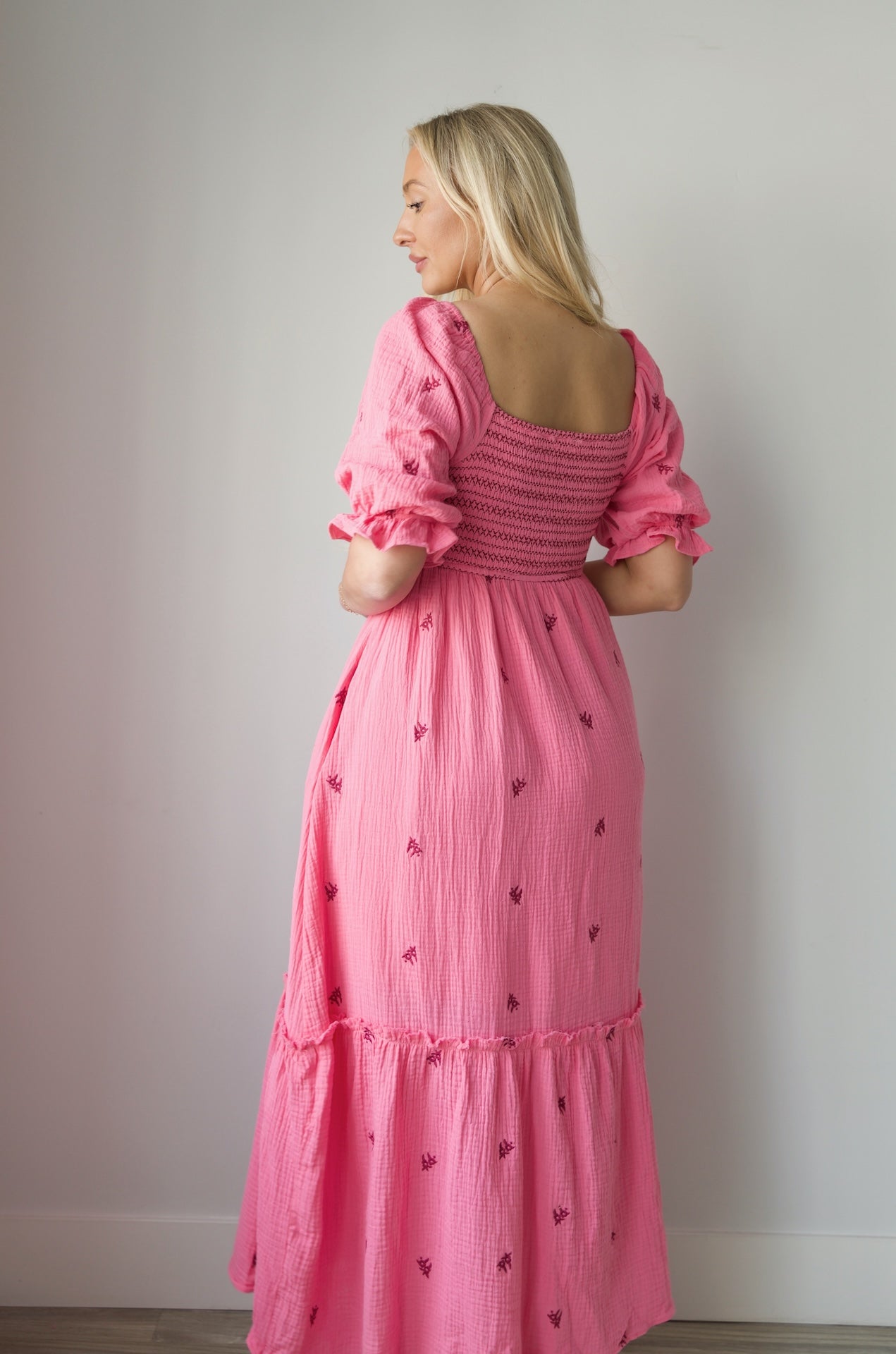 Tory Embroidered Gauzey Midi Dress - Pink