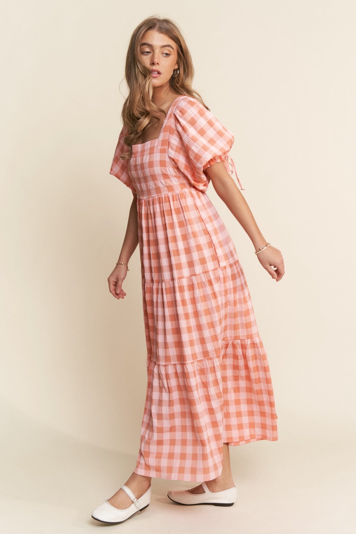Orange Gingham Puff Sleeve Maxi Dress