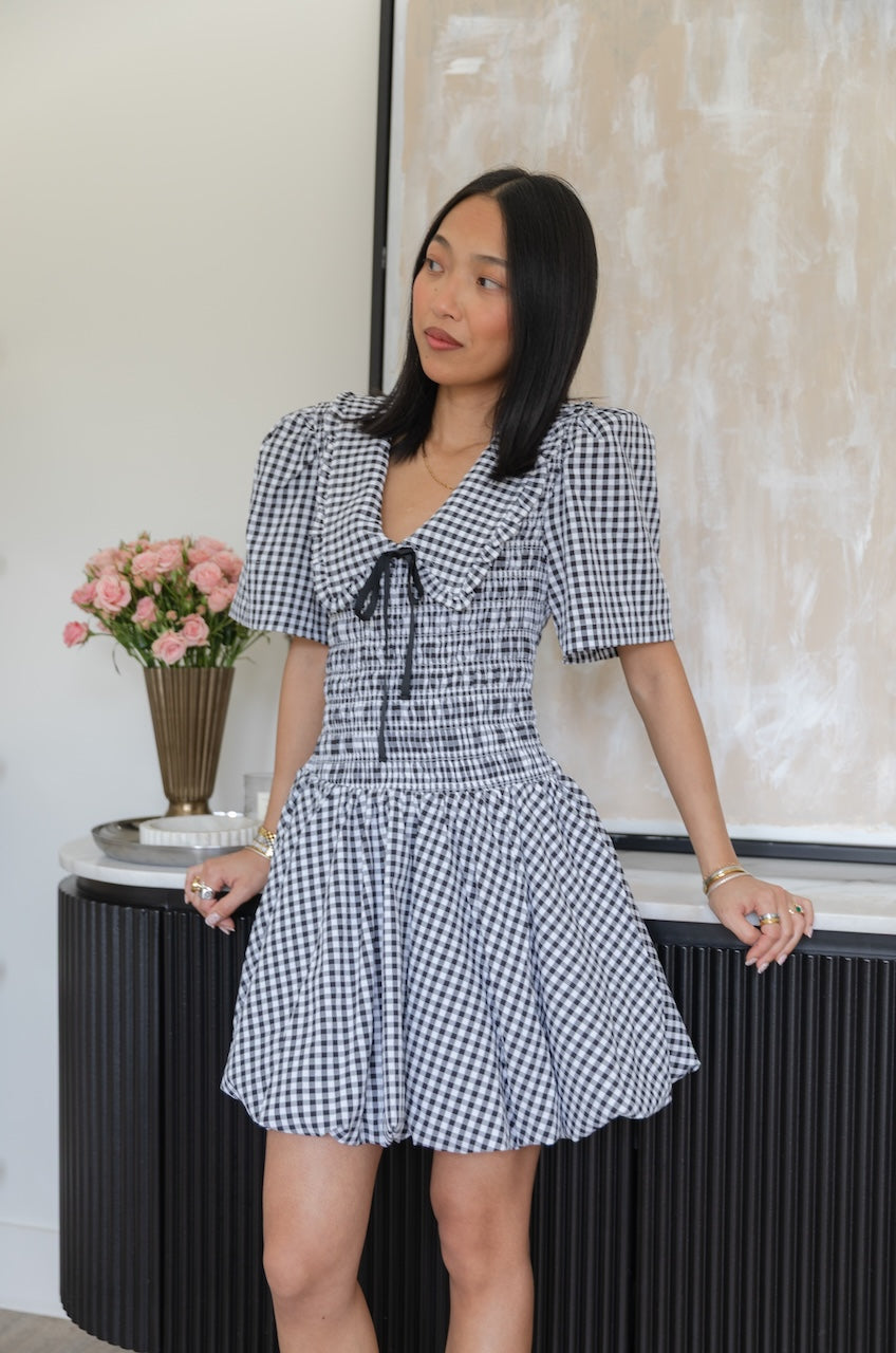 Black Gingham Puff Sleeve Mini Dress