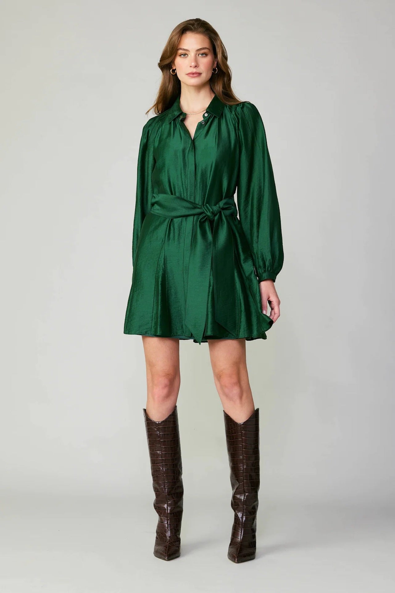 long sleeve green belted mini dress with a collar
