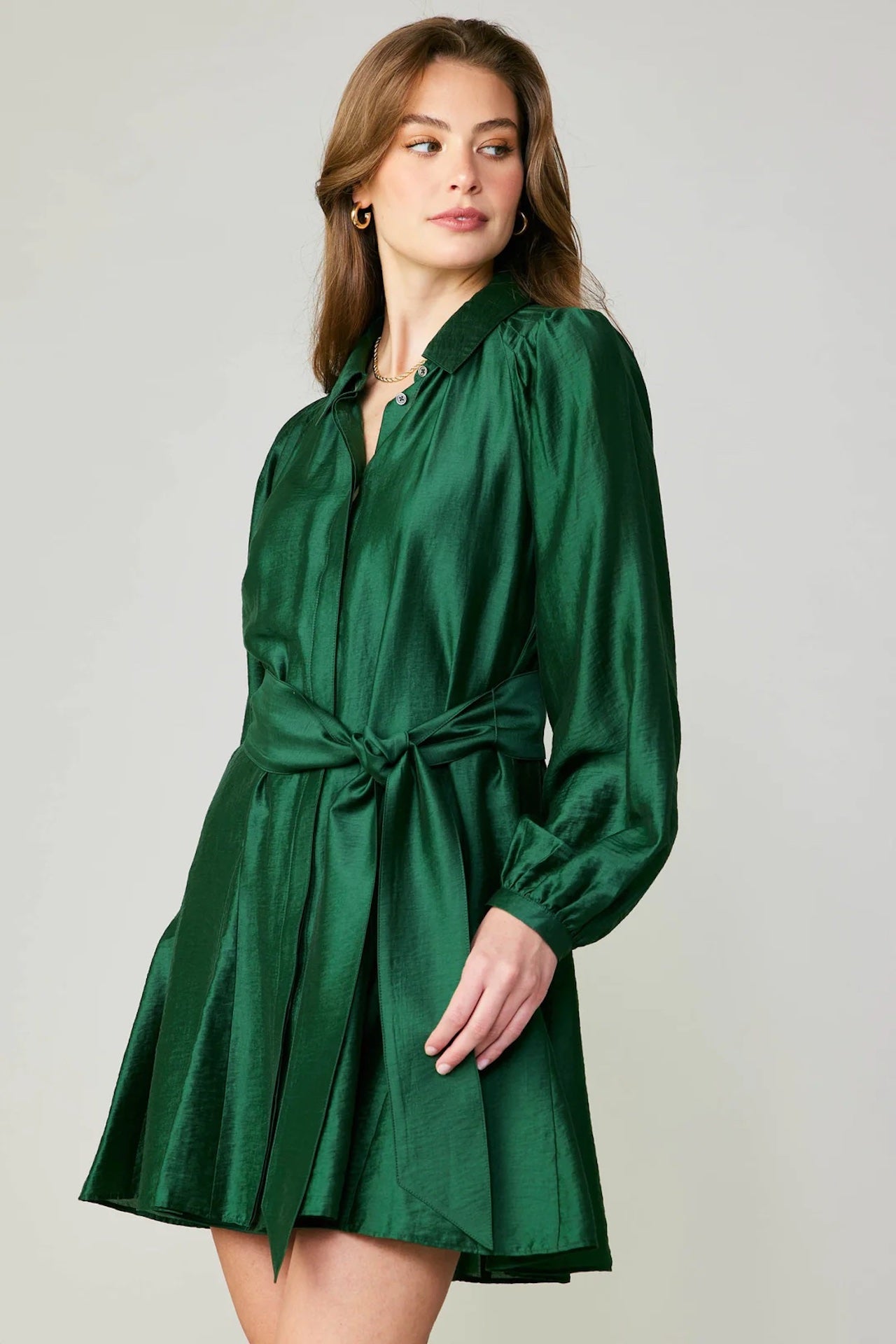 long sleeve green belted mini dress with a collar