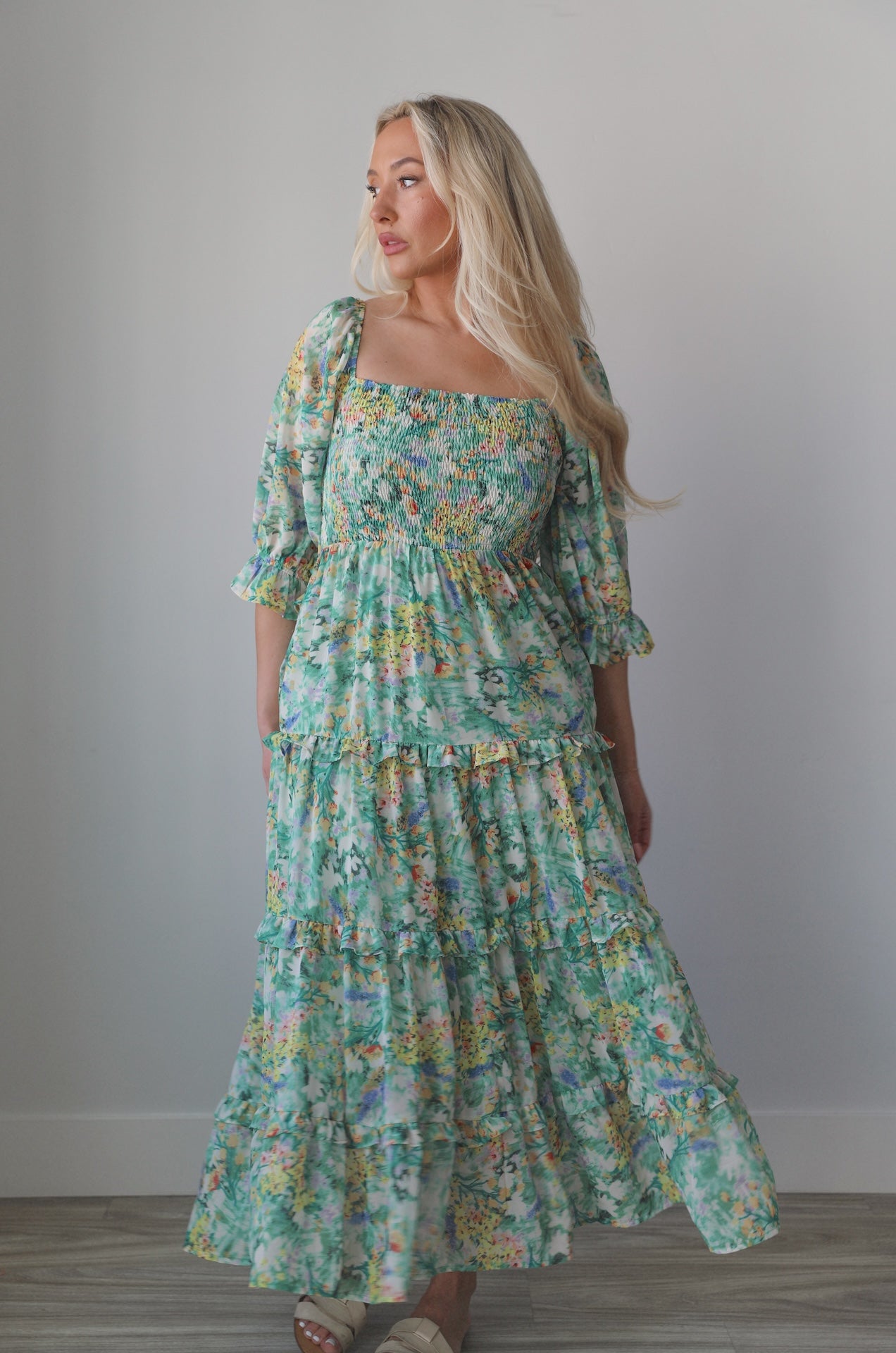 Andrea Green Floral Midi Dress