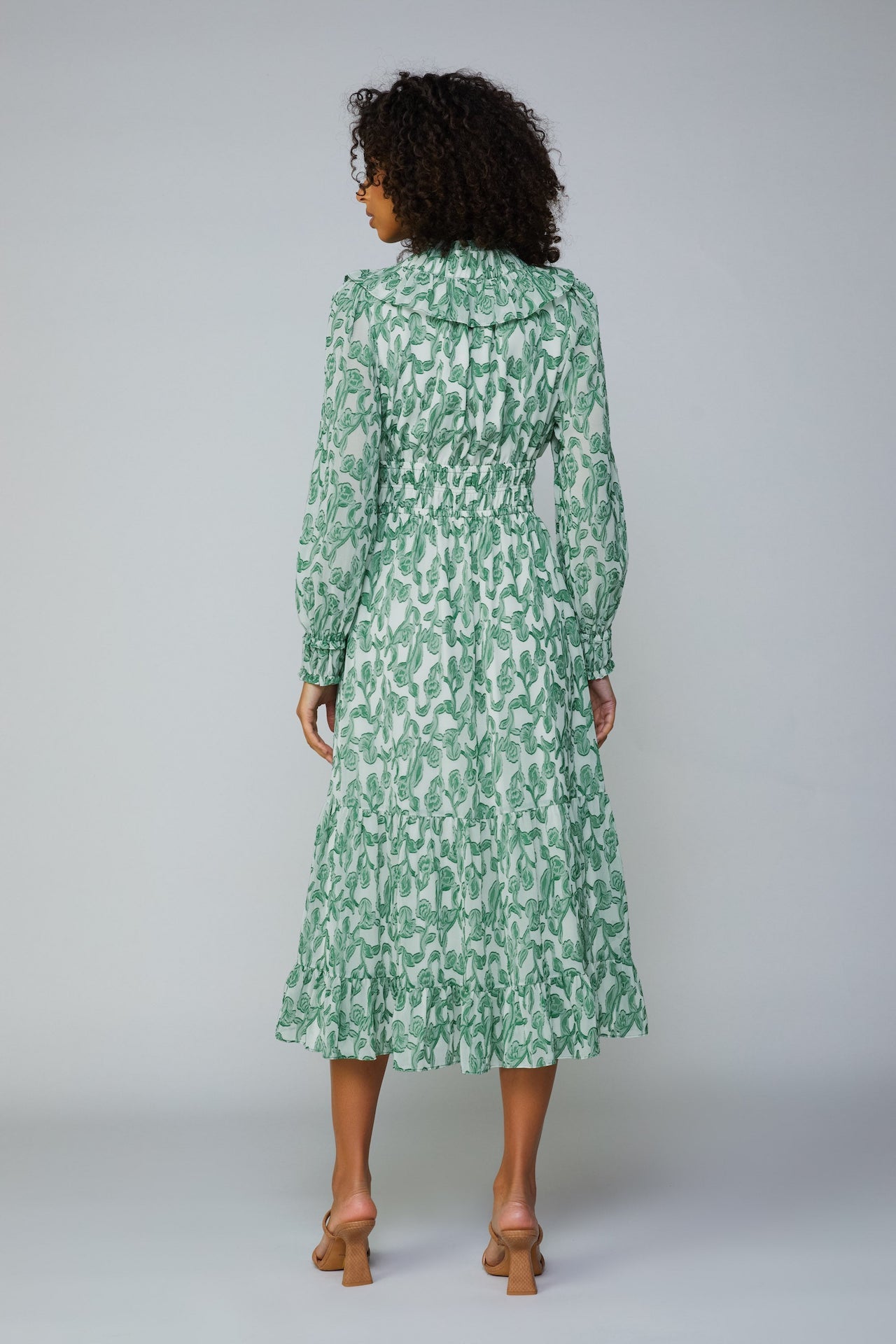 green and white Jacquard midi dress with long sleeves