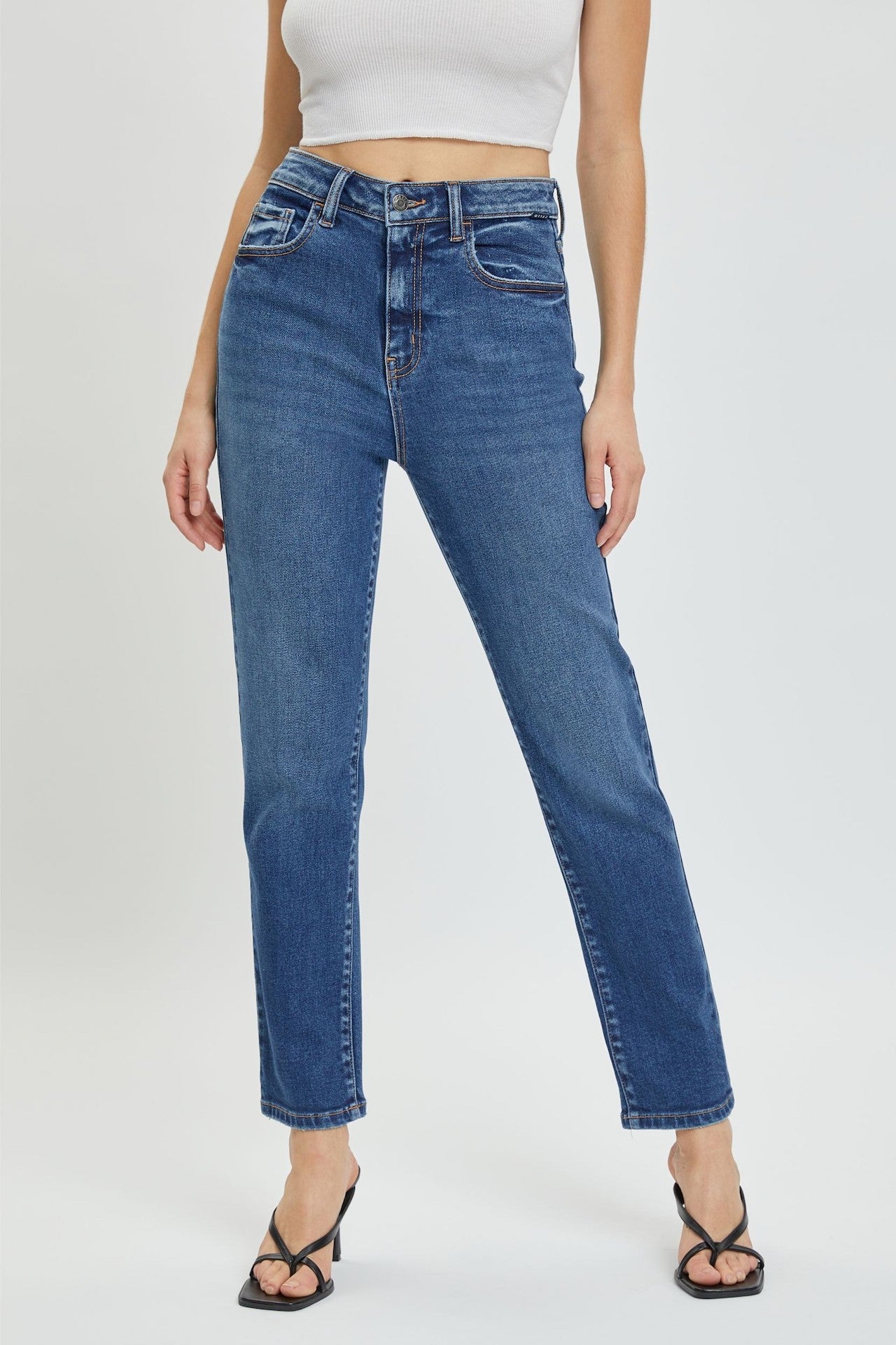 dark blue high rise straight jeans cropped