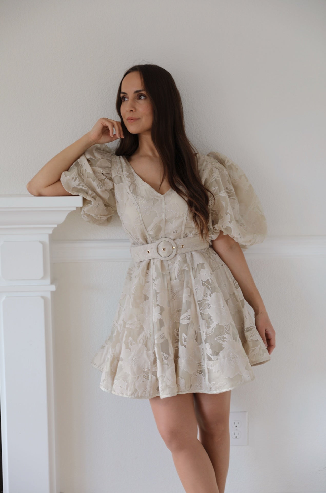 beige organza flowy floral puff sleeve mini dress with statement puffy sleeves and belted.