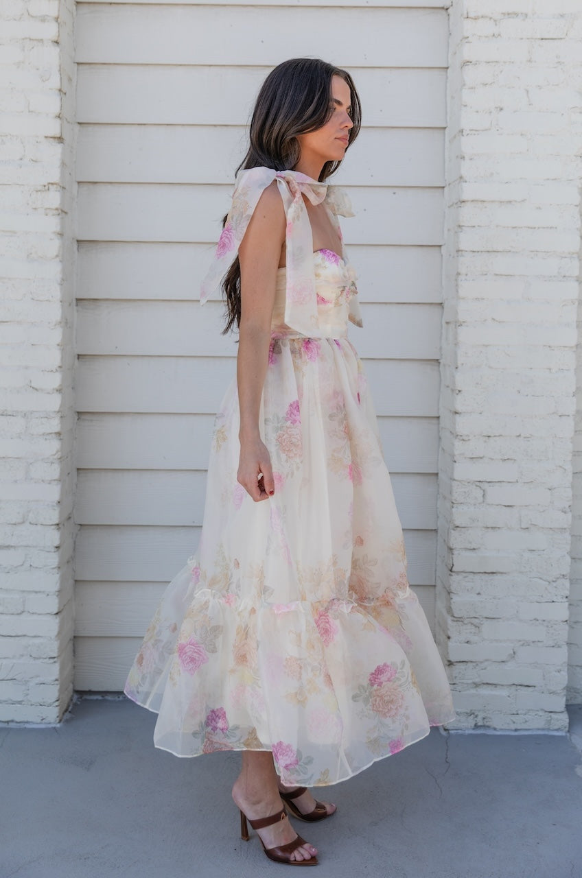 Ivory Floral Tie Strap Midi Dress