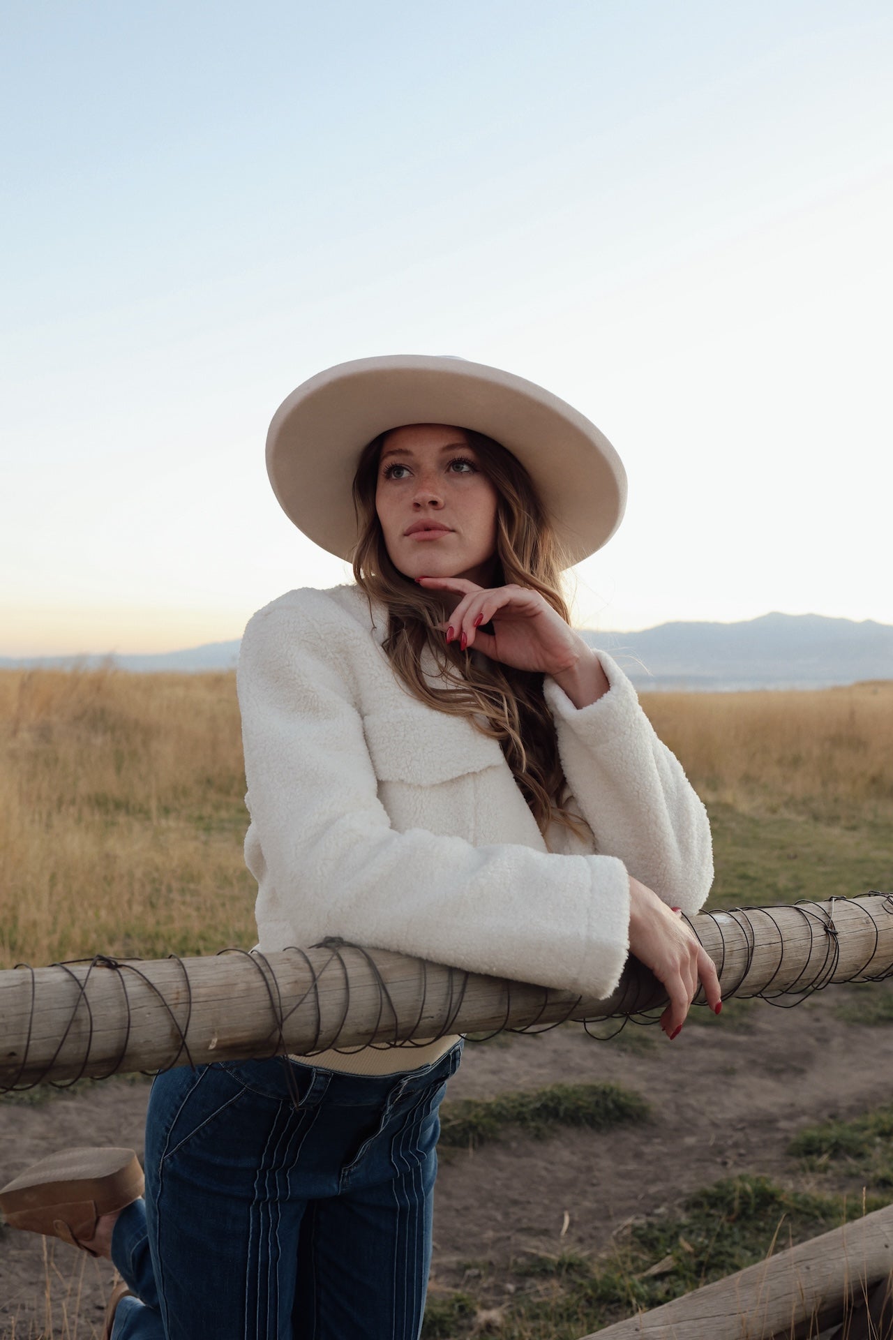 cream cropped sherpa jacket with collars and faux pockets