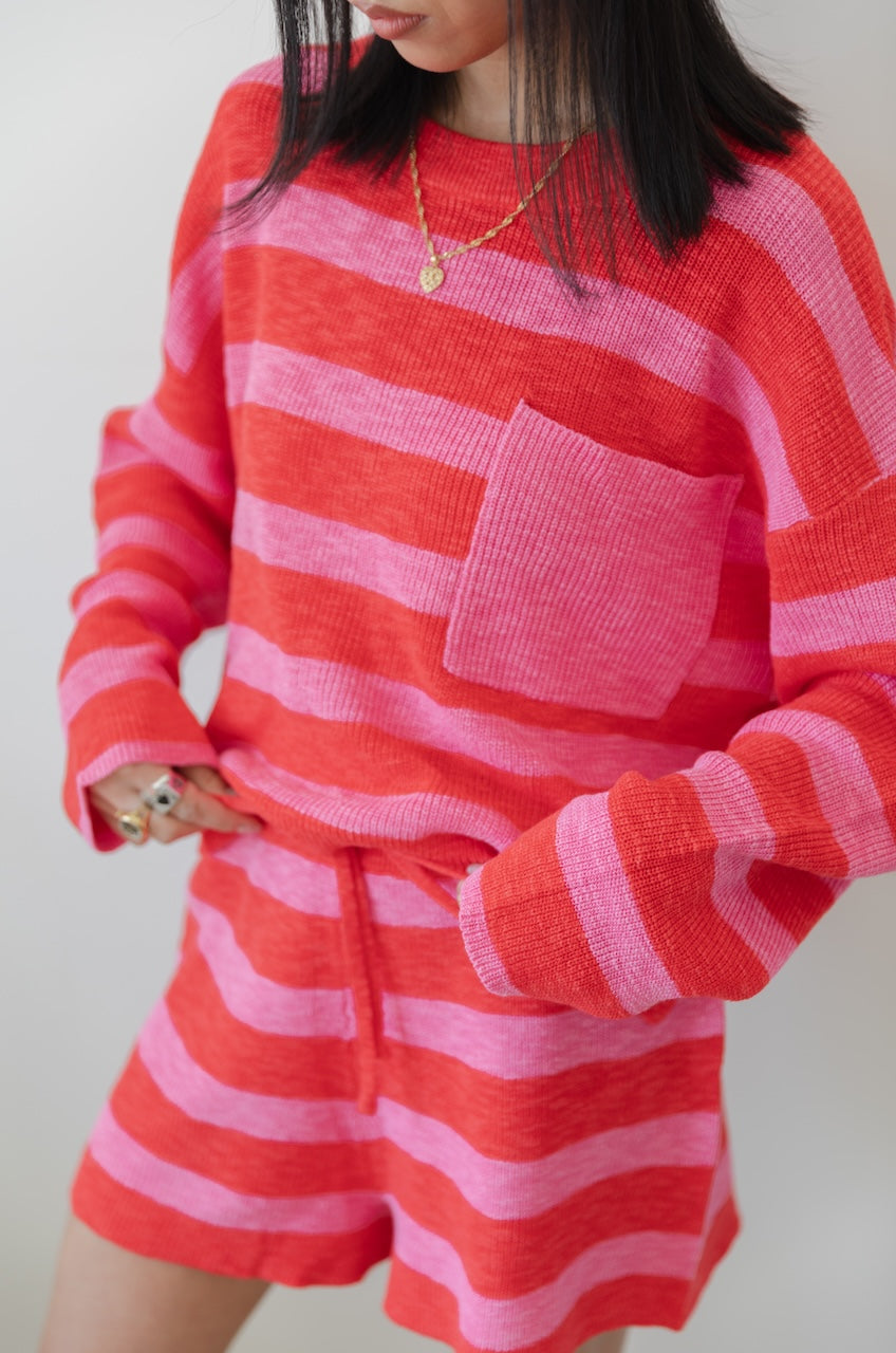 Pink/Red Striped Knit Top & Shorts Set