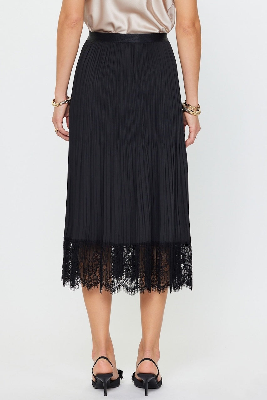 Black Pleated Midi Skirt With Lace Trim Hem