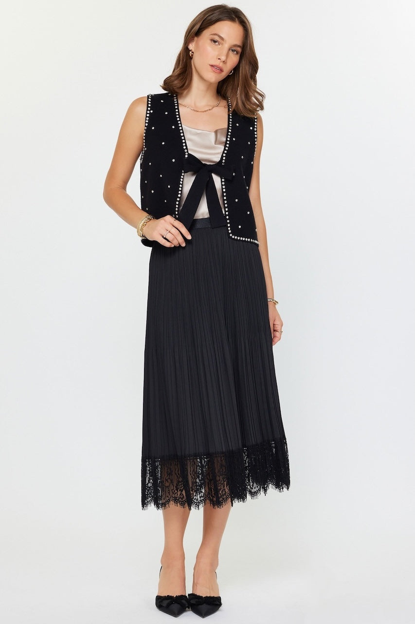 Black Pleated Midi Skirt With Lace Trim Hem