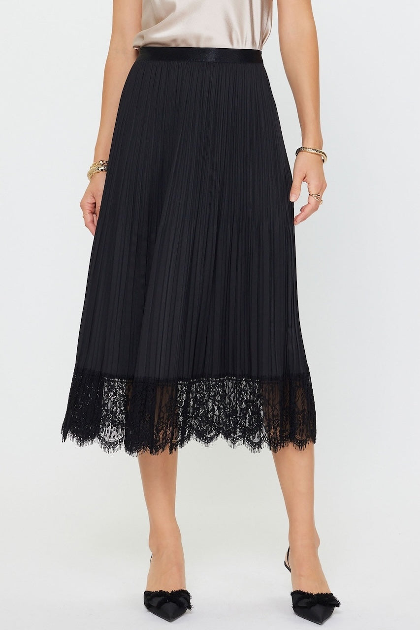 Black Pleated Midi Skirt With Lace Trim Hem