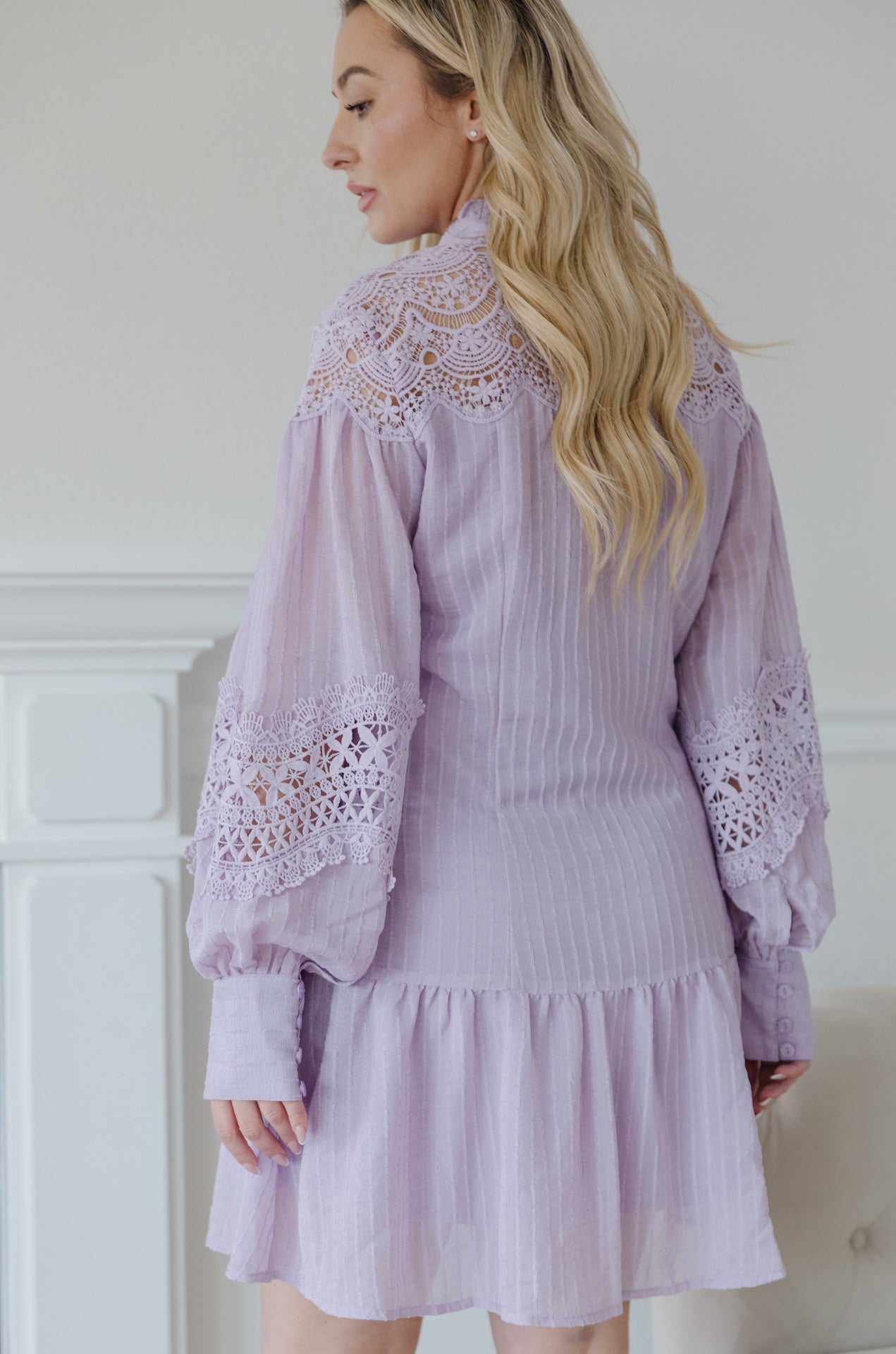 purple mini dress with lace and long sleeves