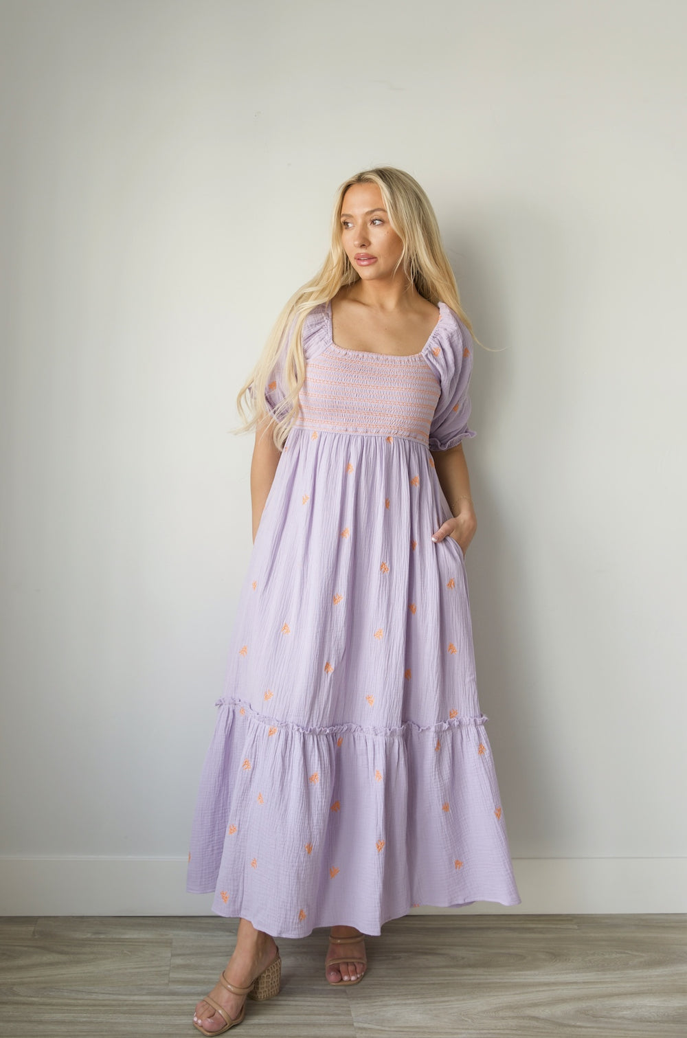 Women's Lavender Cambric Printed  With Embroidery Flared Dress