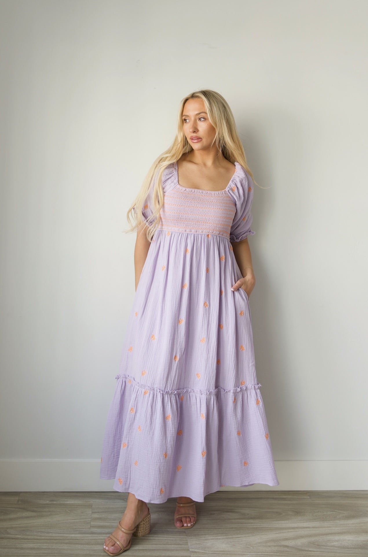 Tory Embroidered Gauzey Midi Dress - Lavender