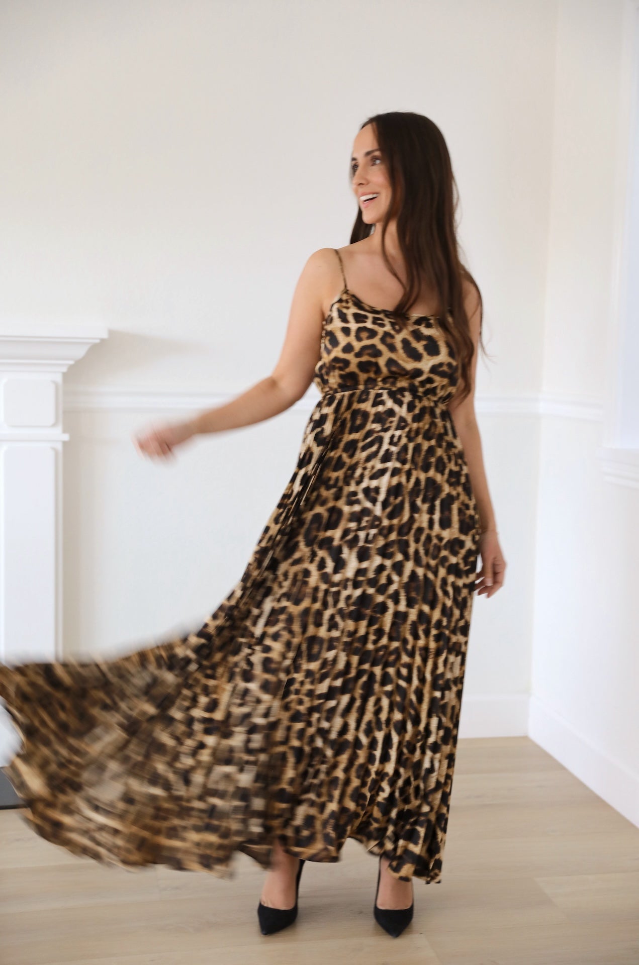 leopard print pleated maxi dress