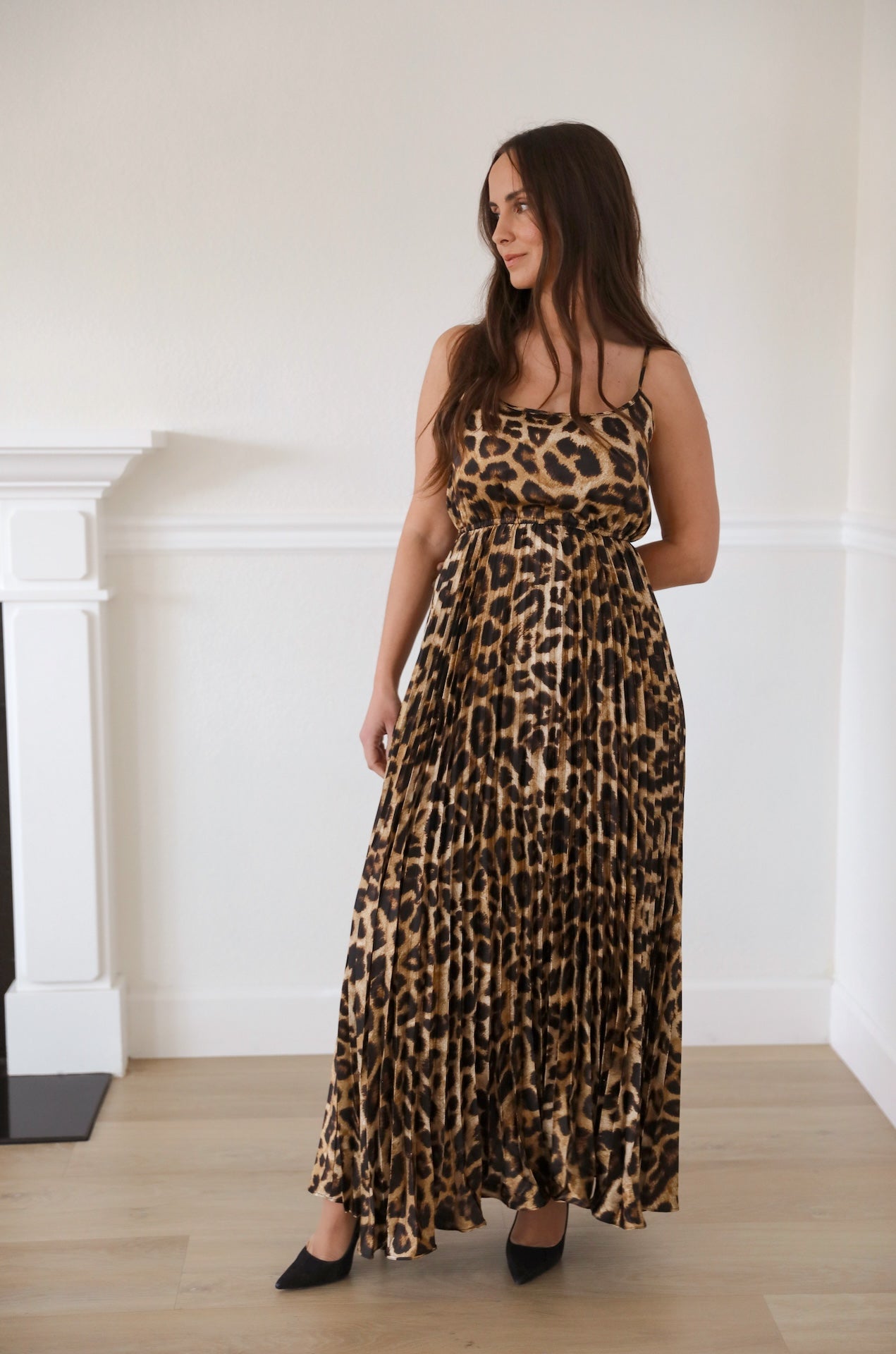 leopard print pleated maxi dress