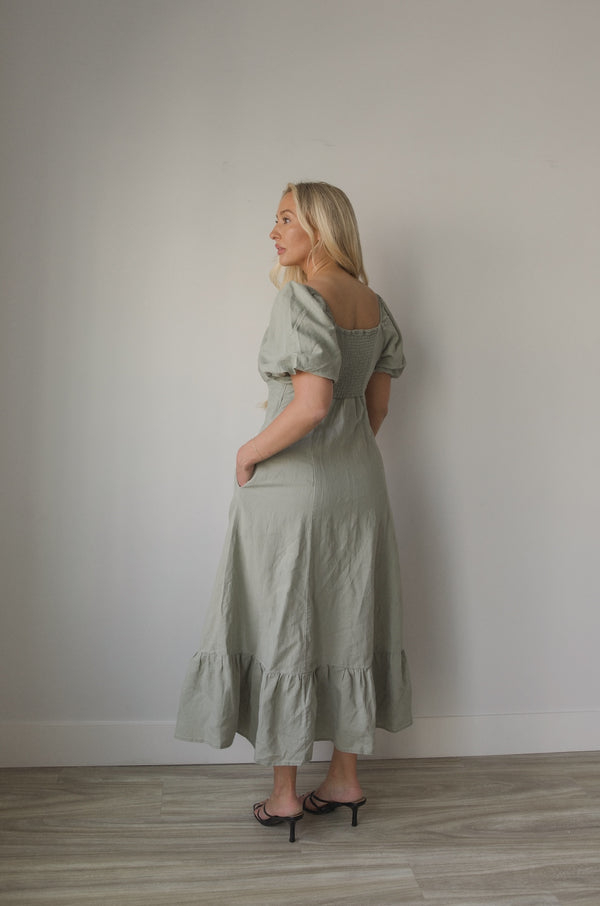 Pleated Puff Sleeve Dress Sage