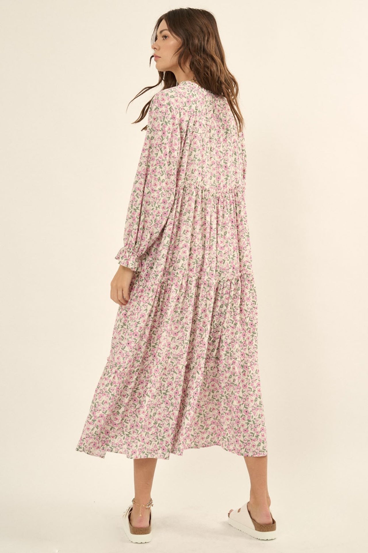 Pink floral print boho long sleeve tiered midi dress