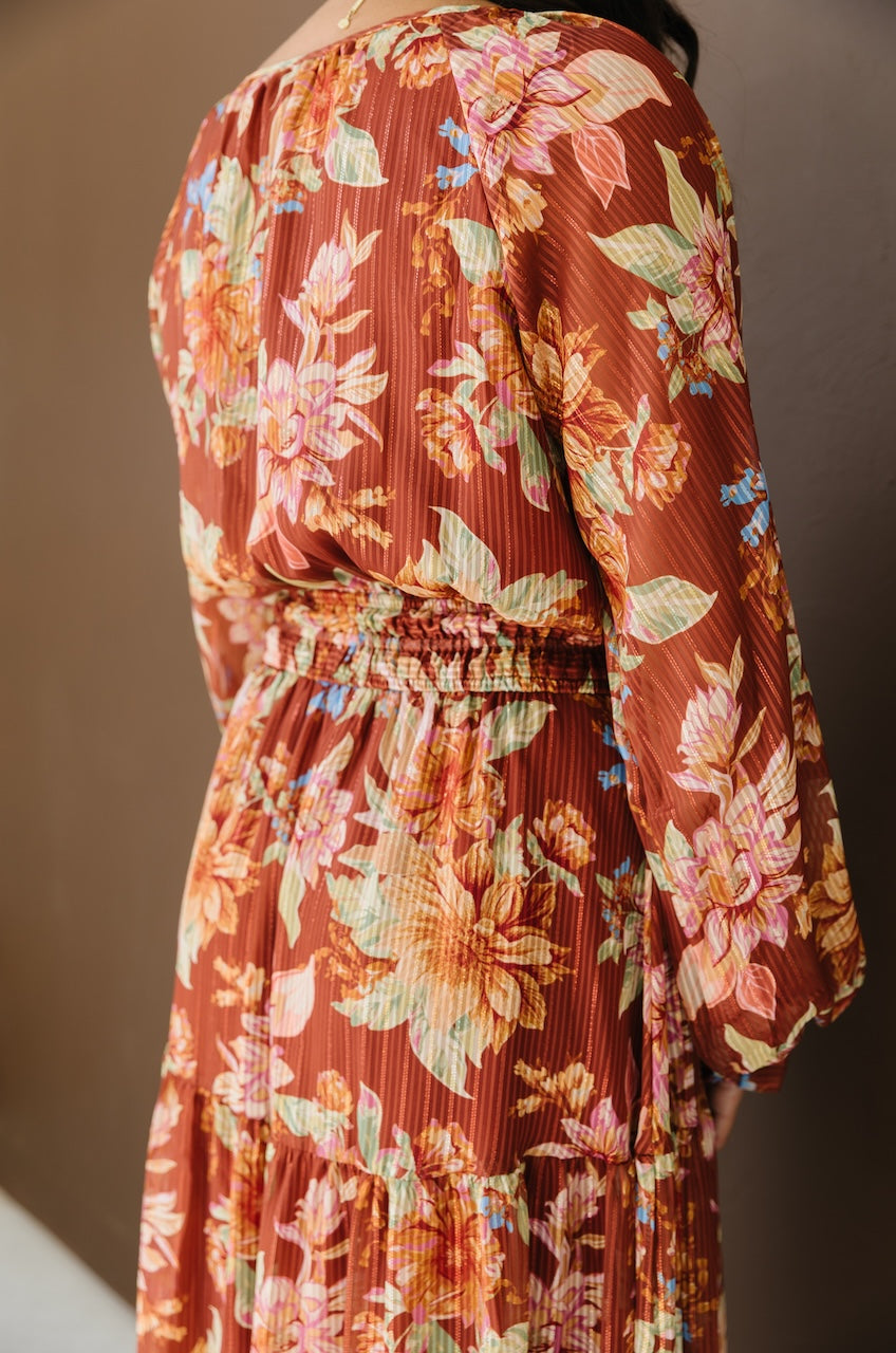 Brown Floral Long Sleeve Midi Dress