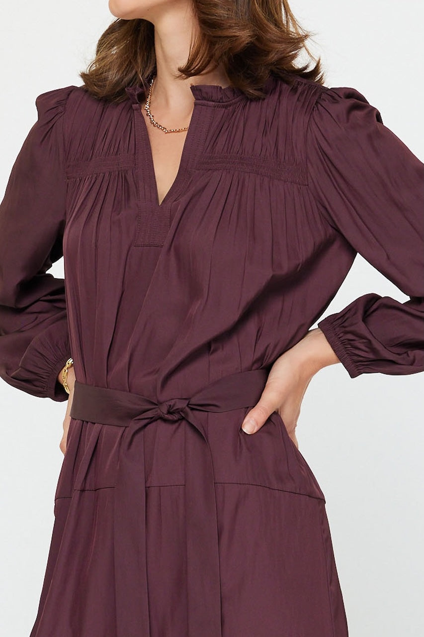 Long Sleeve Satin Midi - Plum Shirt Dress