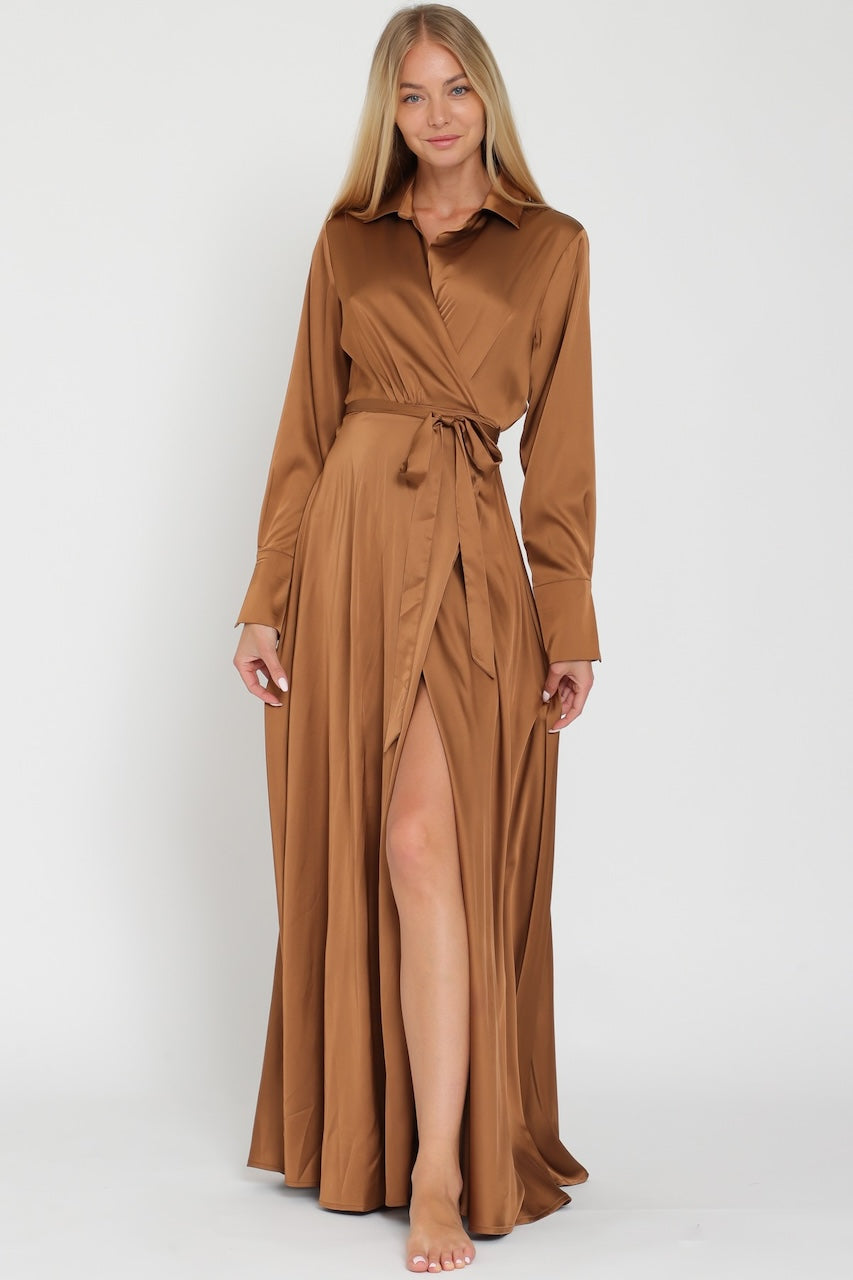 Bronze satin wrap maxi dress with collar and long sleeves