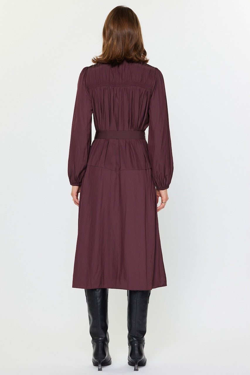 Long Sleeve Satin Midi - Plum Shirt Dress