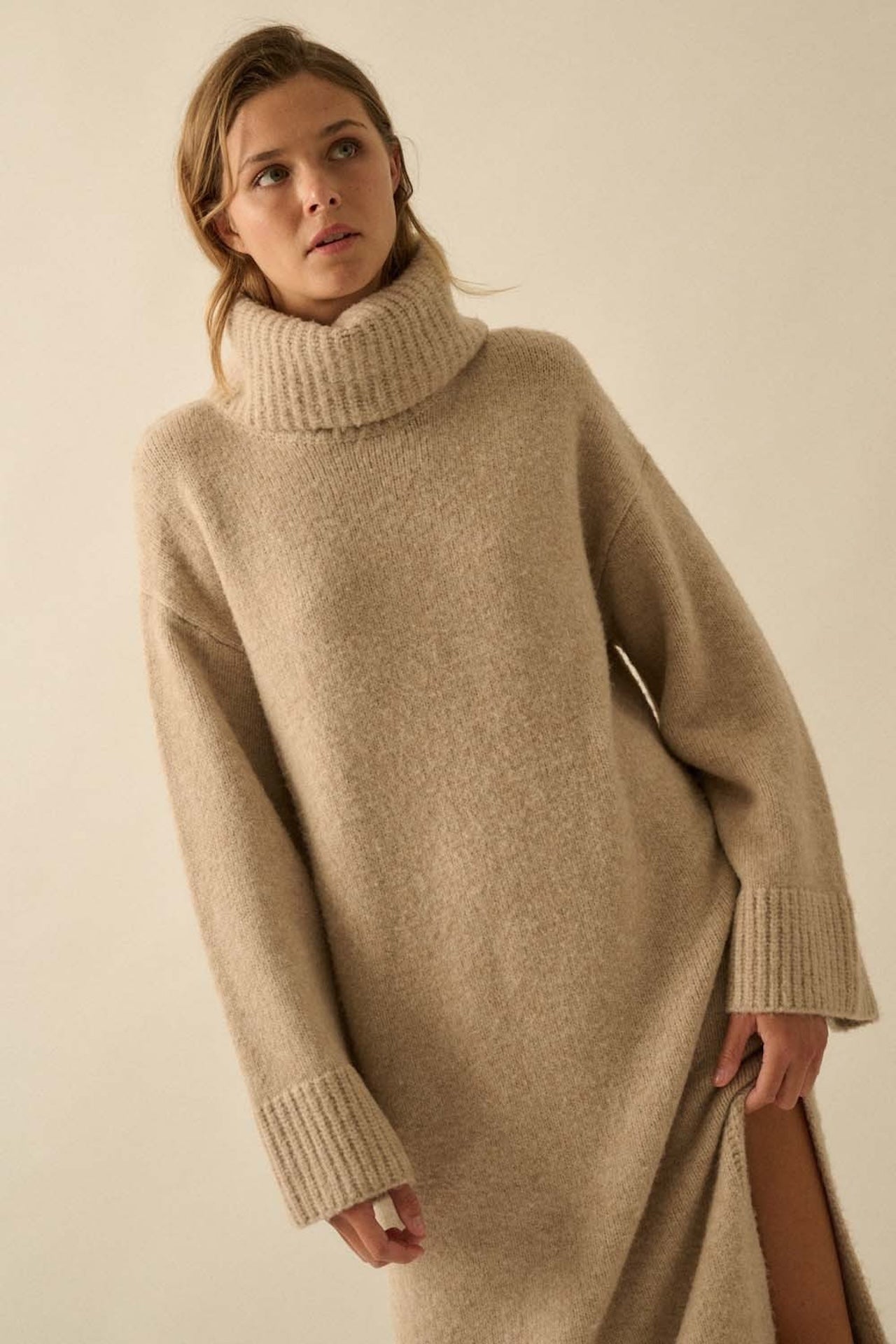 Oversized Turtleneck Sweater Dress - Beige Knit