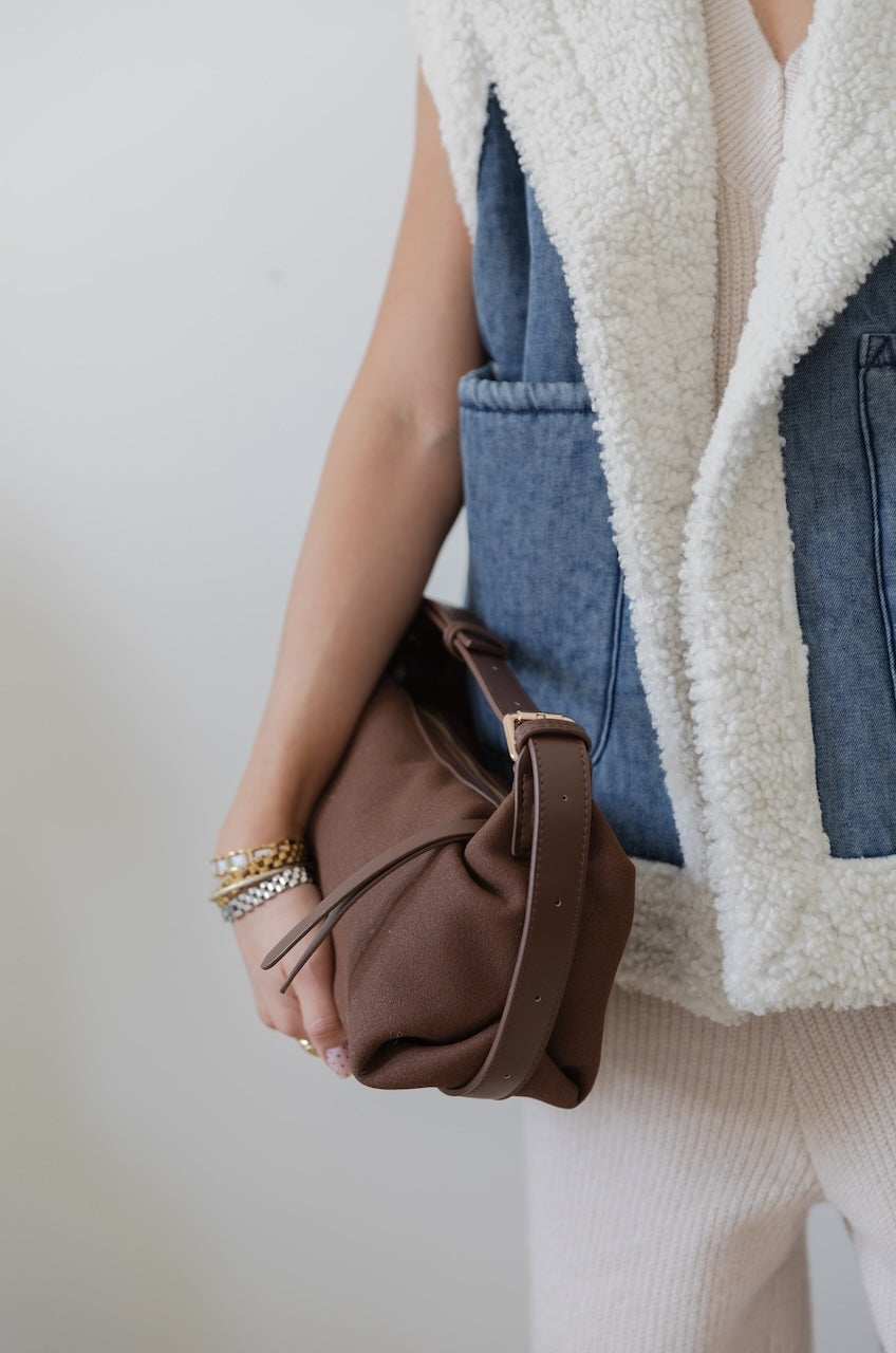 Melie Bianco Lilith Brown Suede Hobo Bag - Vegan Crescent Shoulder Purse