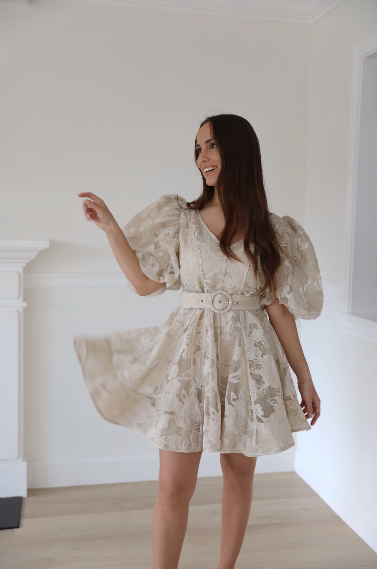 beige organza flowy floral puff sleeve mini dress with statement puffy sleeves and belted.